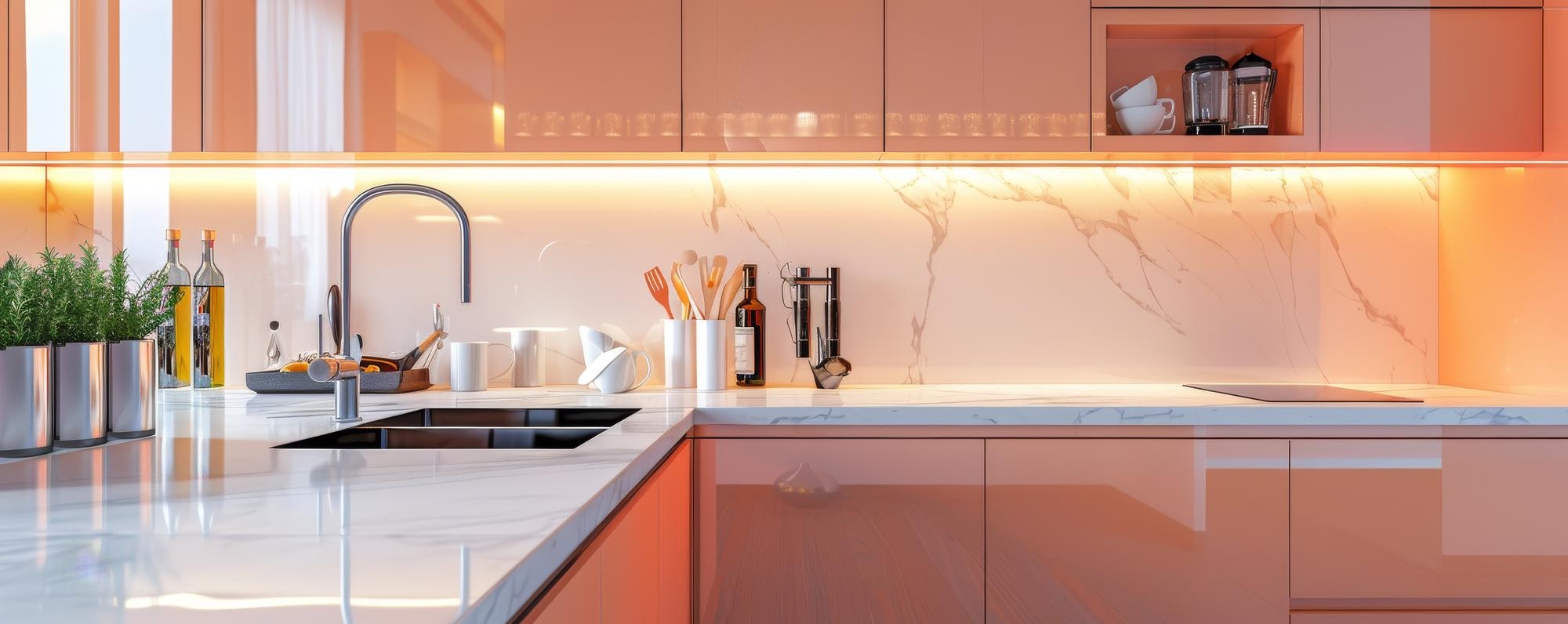 Konyhai üveg hátfal: hogyan befolyásolja a fény, a színek és a felületek a végeredményt