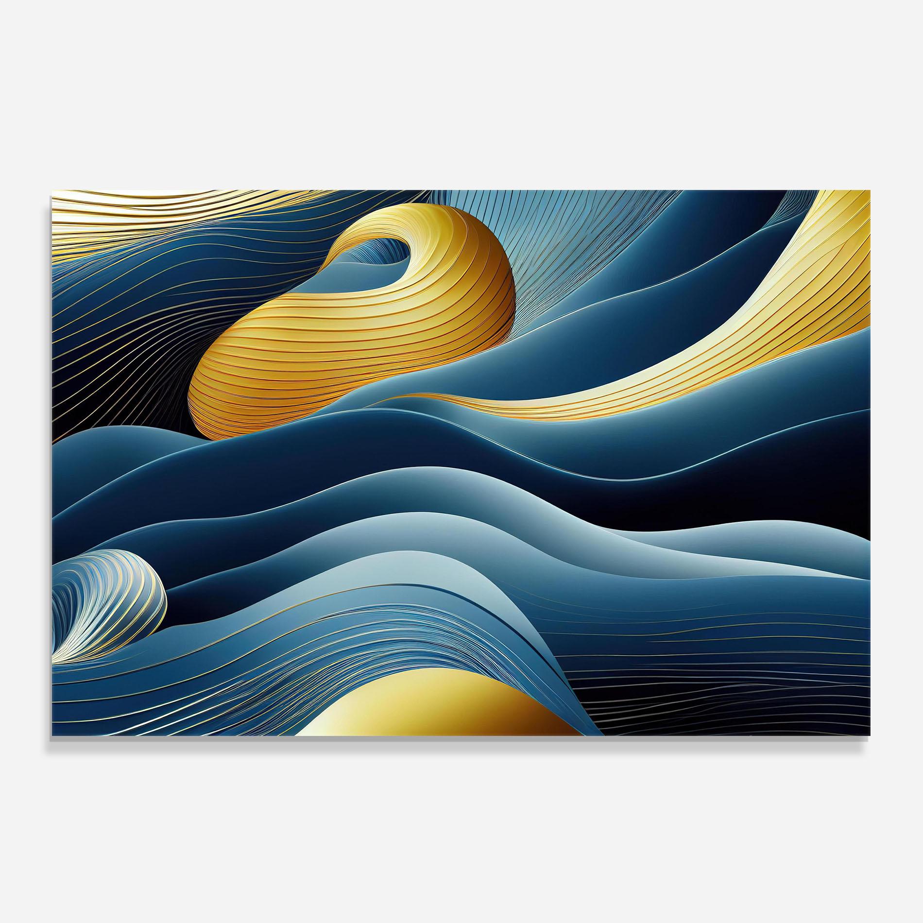 Konyhai üveg hátfal Blue And Gold Wavy Curves mockup 0