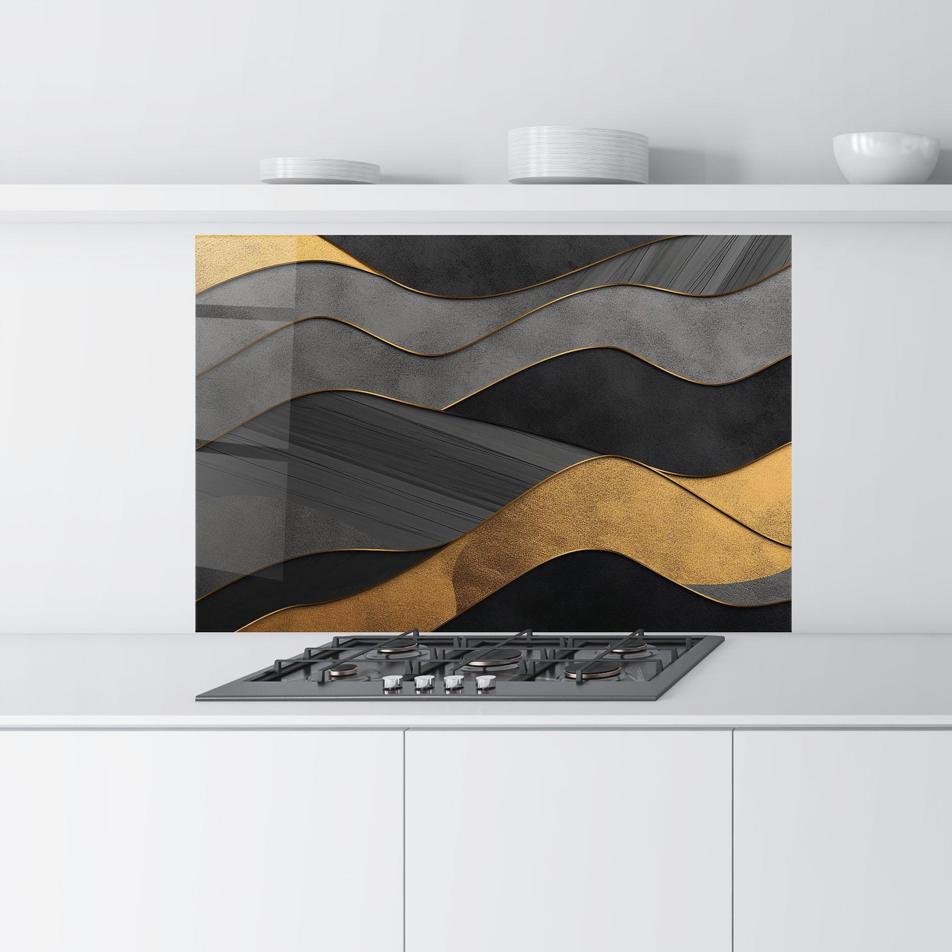 Konyhai üveg hátfal Abstract Gold And Grey Waves mockup 9