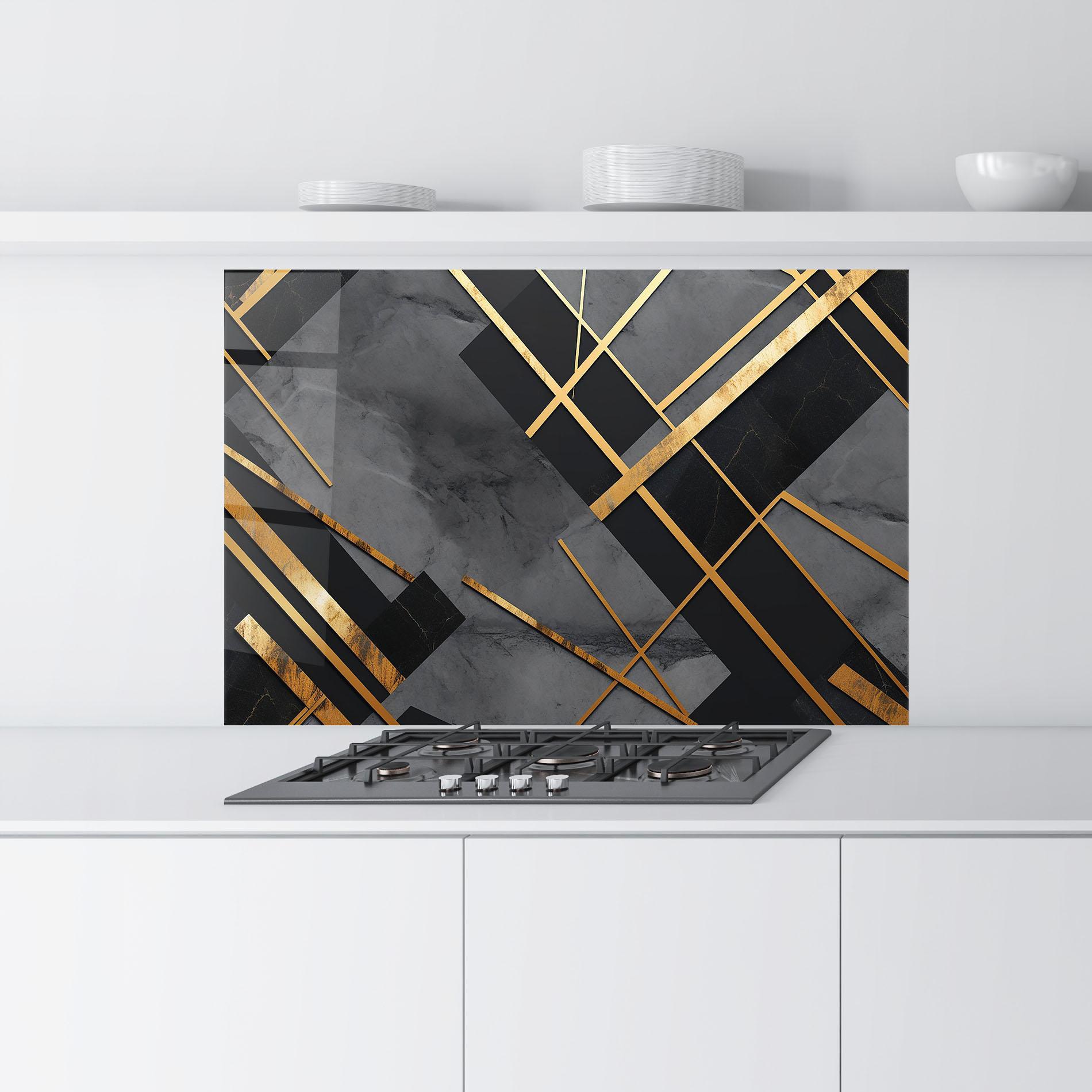 Konyhai üveg hátfal Grey Painting With Gold Lines mockup 9