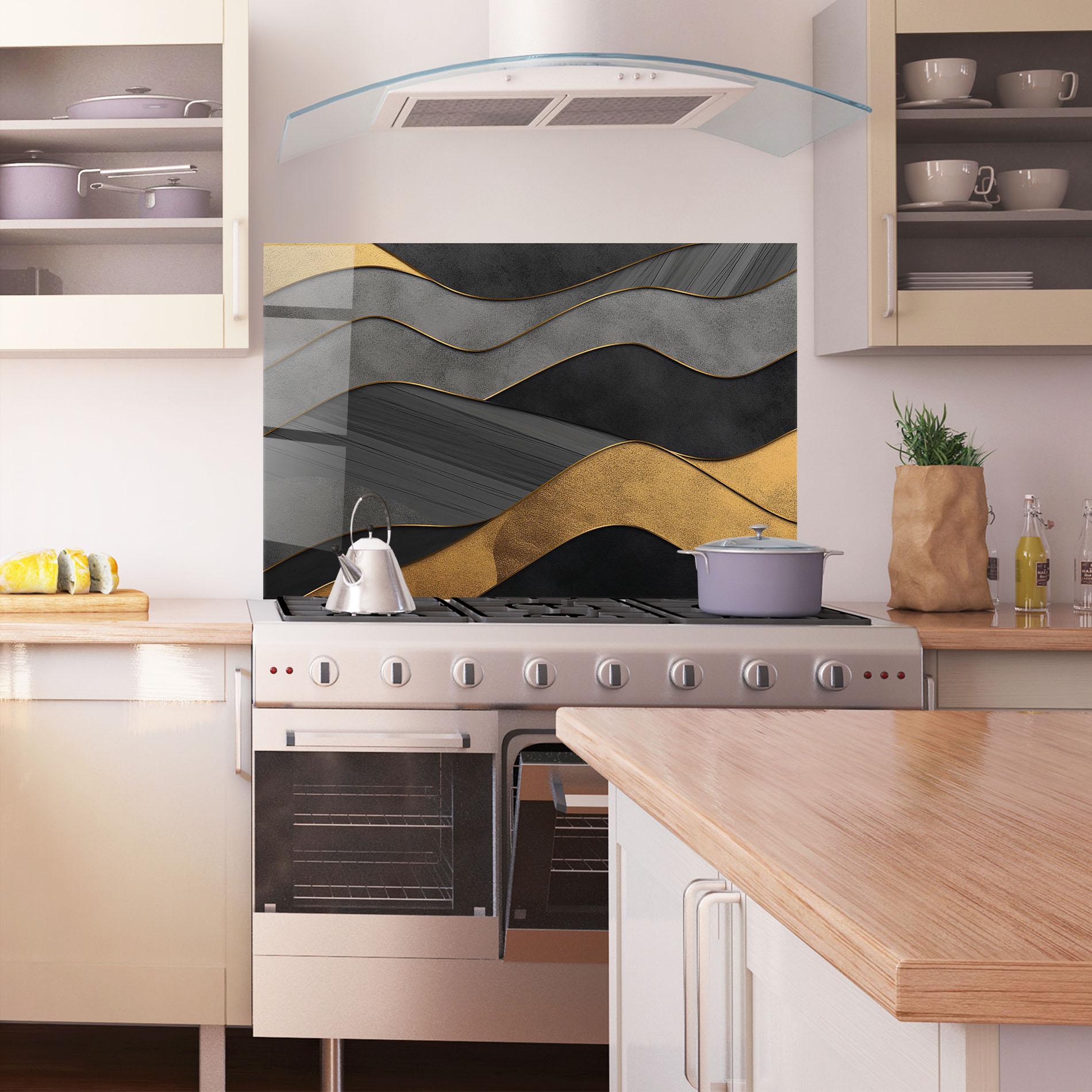 Konyhai üveg hátfal Abstract Gold And Grey Waves mockup 1