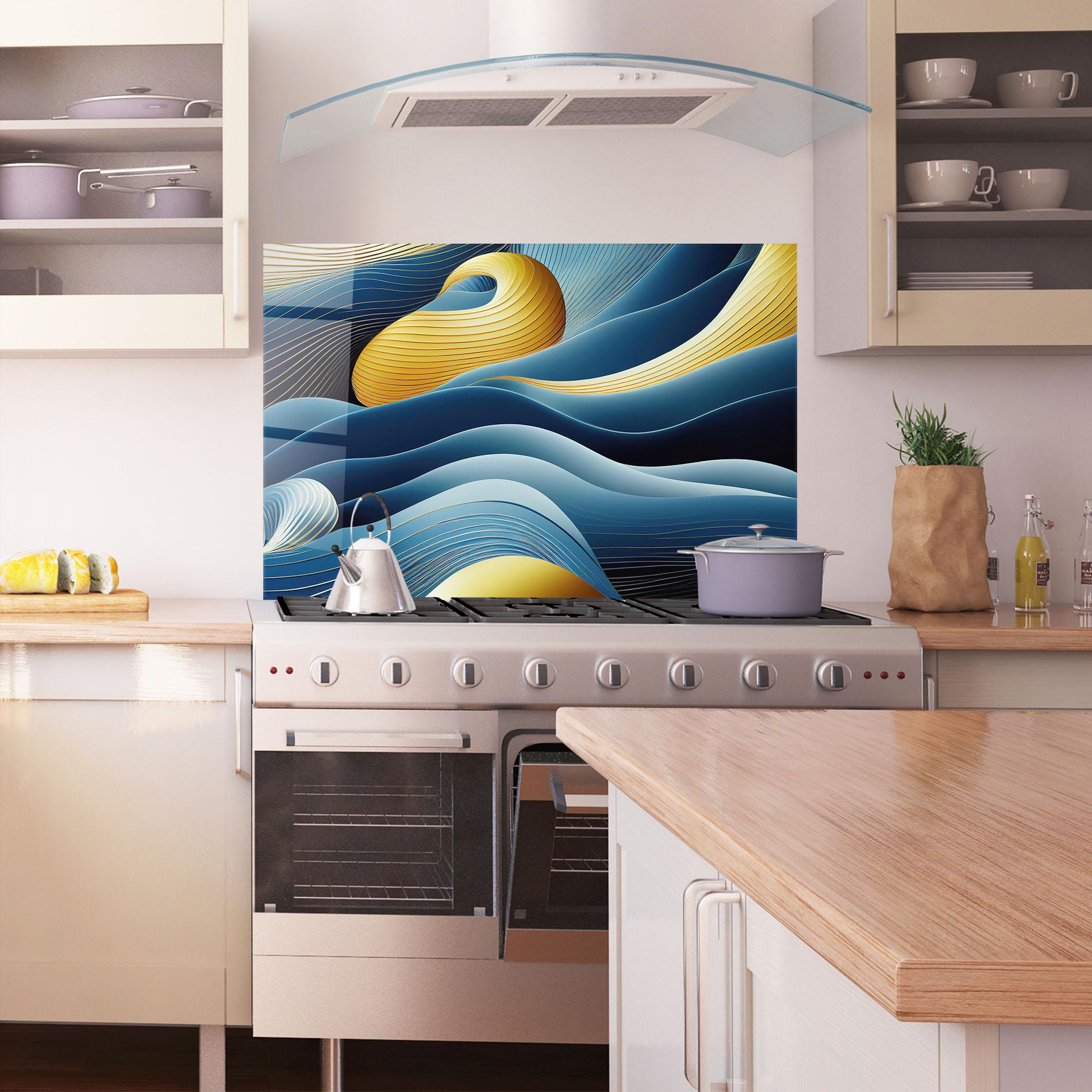 Konyhai üveg hátfal Blue And Gold Wavy Curves mockup 1