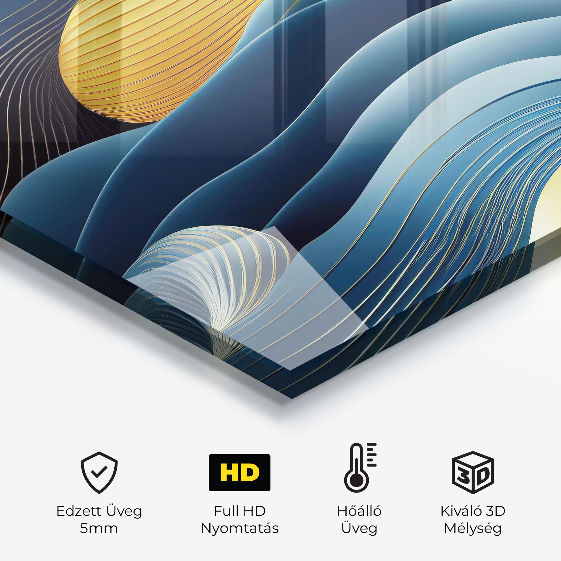 Konyhai üveg hátfal Blue And Gold Wavy Curves mockup 2