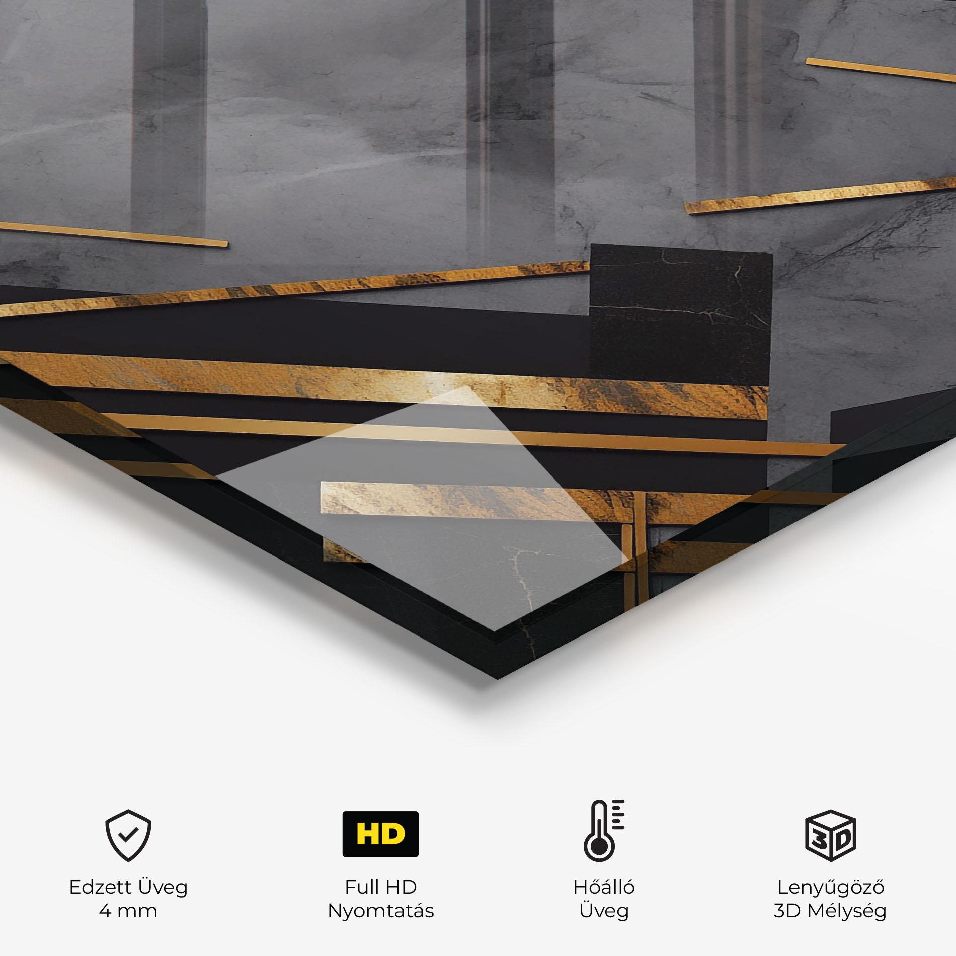 Konyhai üveg hátfal Grey Painting With Gold Lines mockup 2