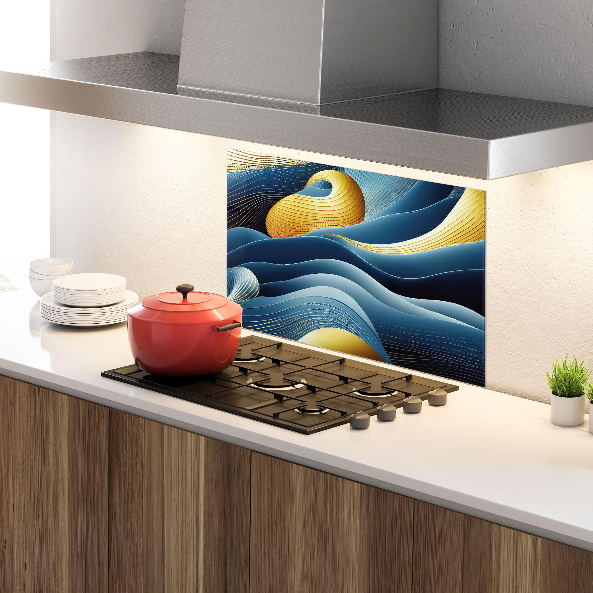 Konyhai üveg hátfal Blue And Gold Wavy Curves mockup 4