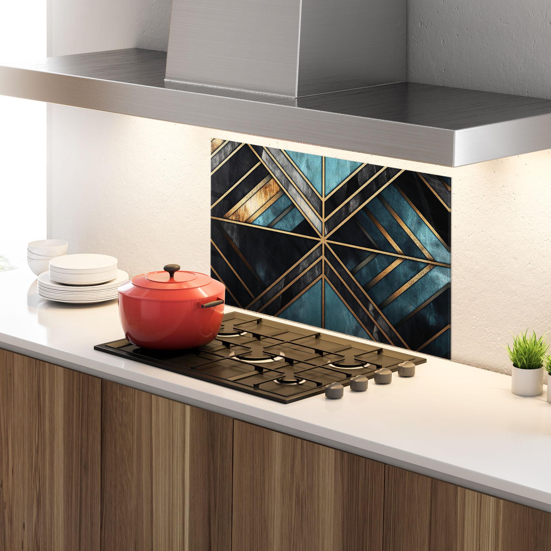 Konyhai üveg hátfal Gold Lines On Blue Painting mockup 4