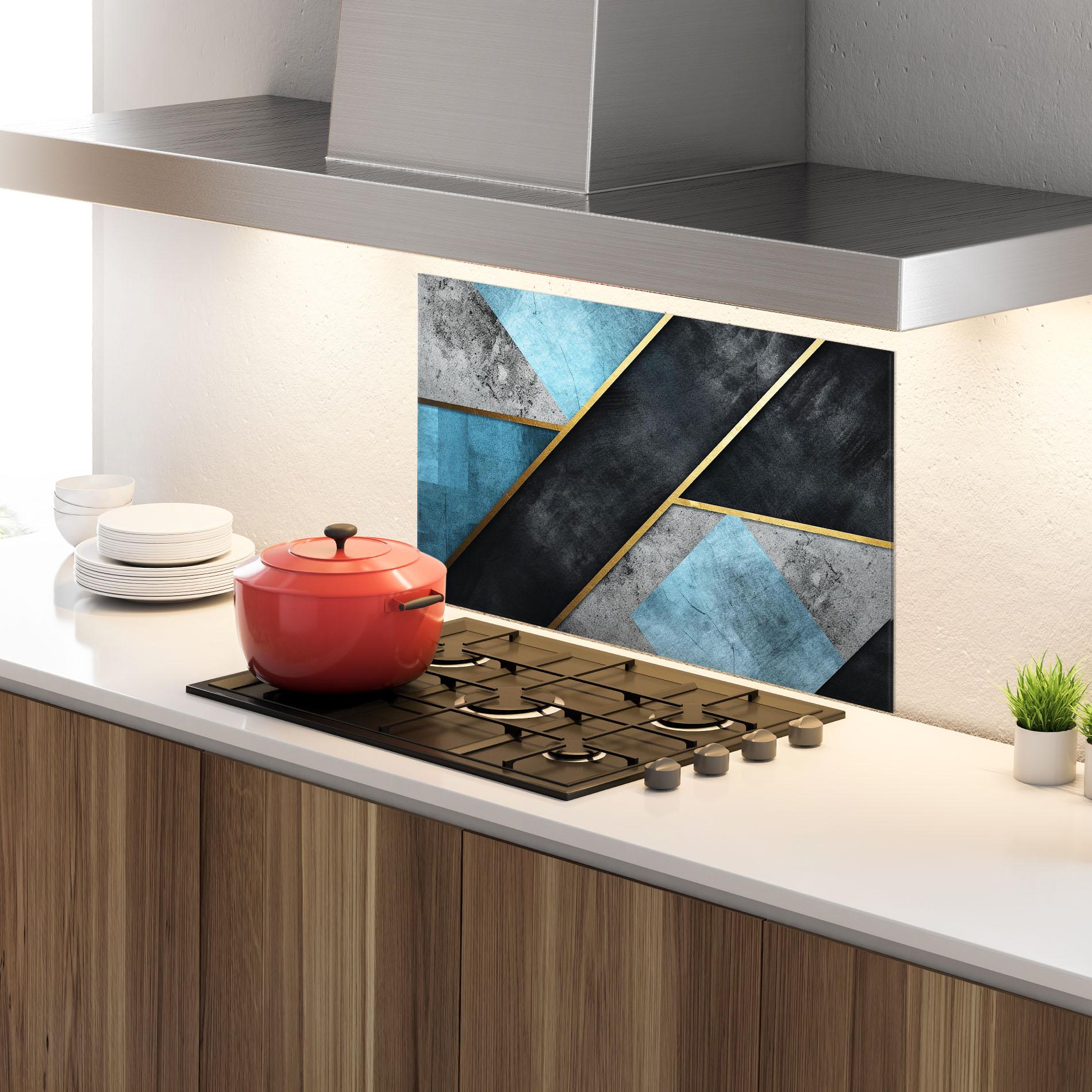 Konyhai üveg hátfal Grey With Blue Painting mockup 4