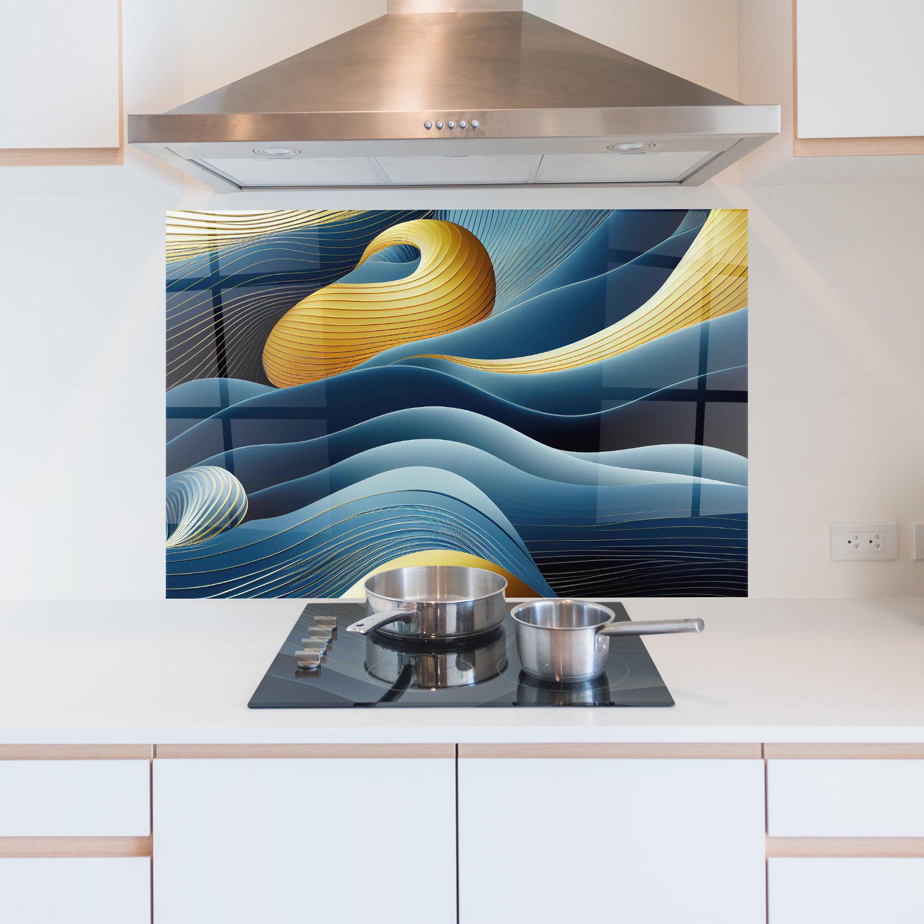 Konyhai üveg hátfal Blue And Gold Wavy Curves mockup 5