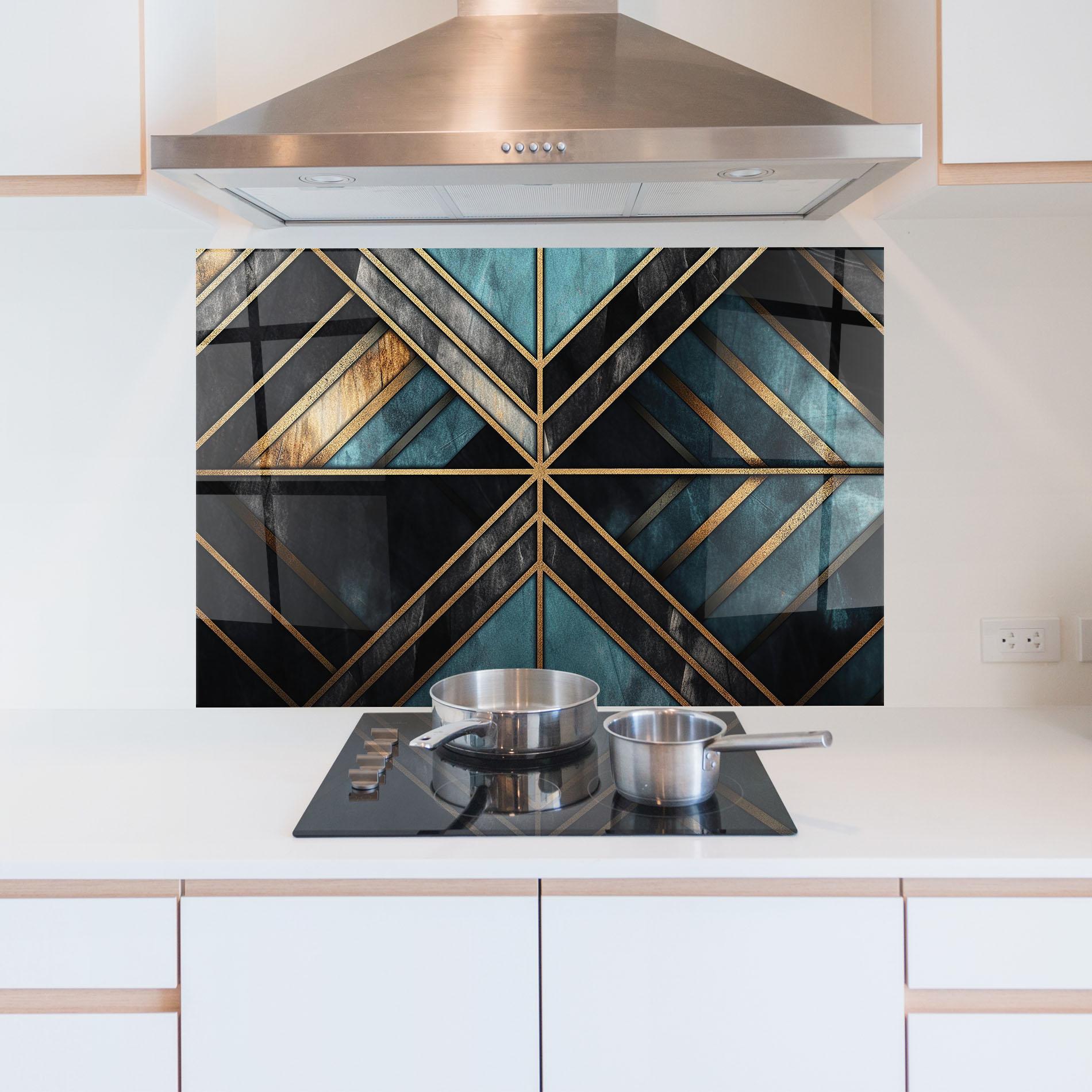 Konyhai üveg hátfal Gold Lines On Blue Painting mockup 5