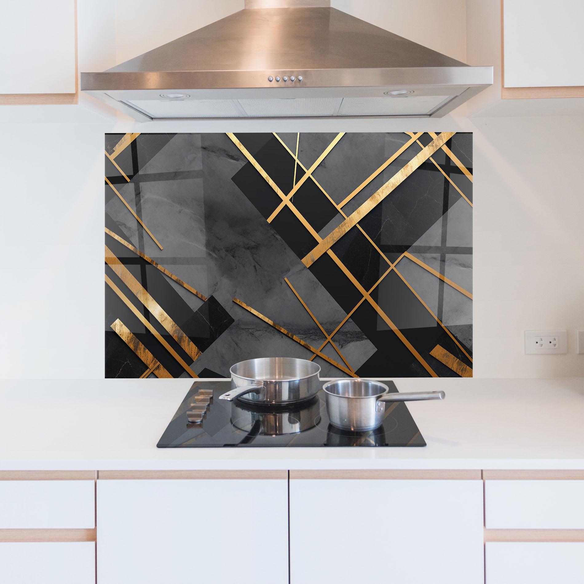 Konyhai üveg hátfal Grey Painting With Gold Lines mockup 5