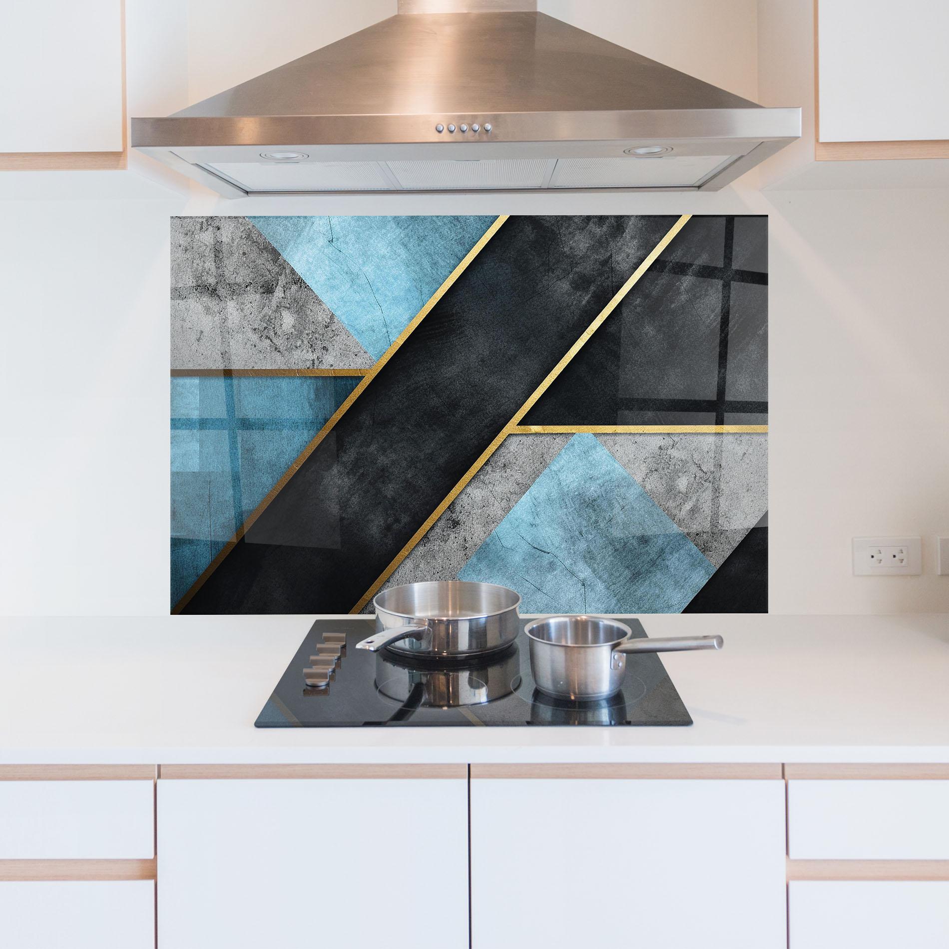 Konyhai üveg hátfal Grey With Blue Painting mockup 5