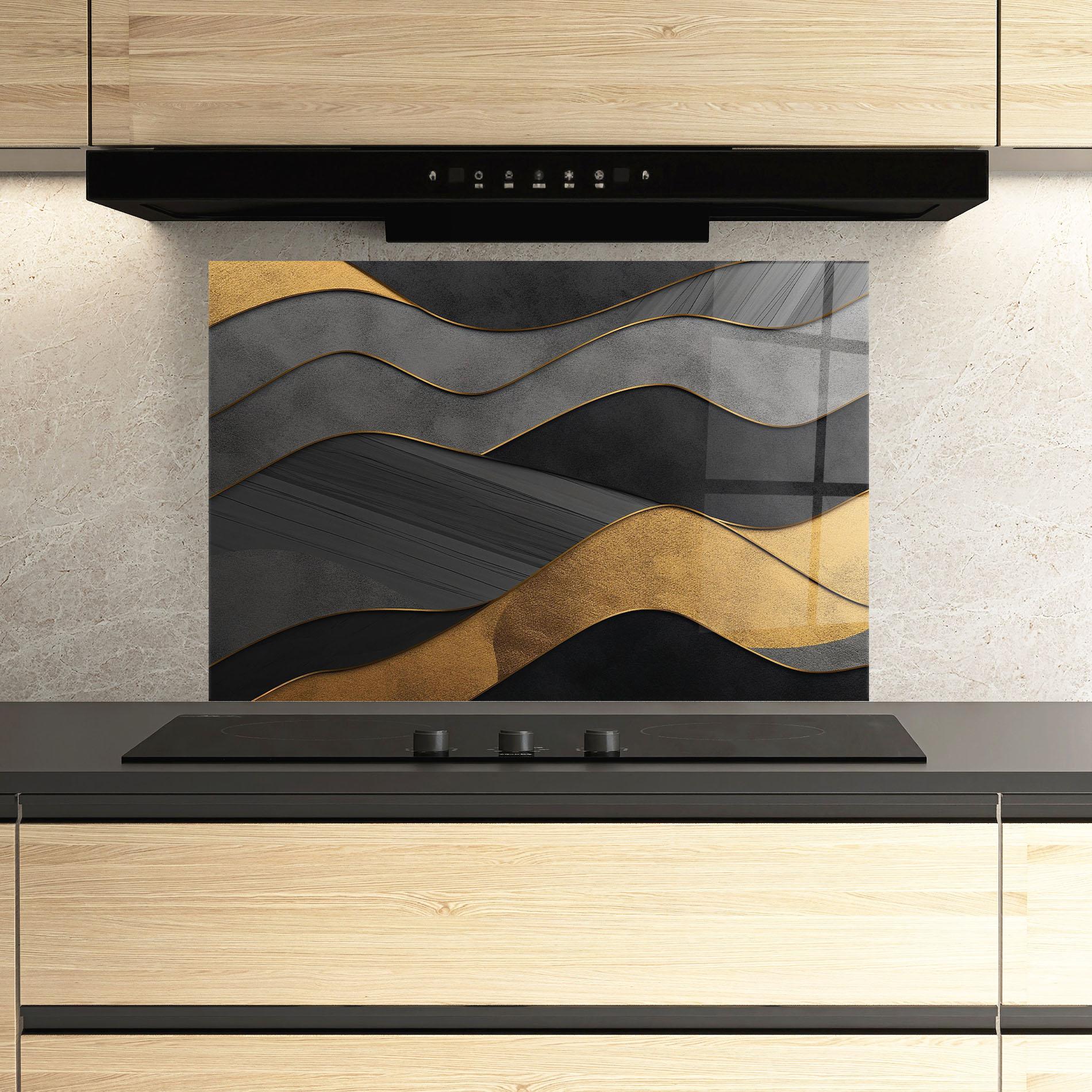 Konyhai üveg hátfal Abstract Gold And Grey Waves mockup 3