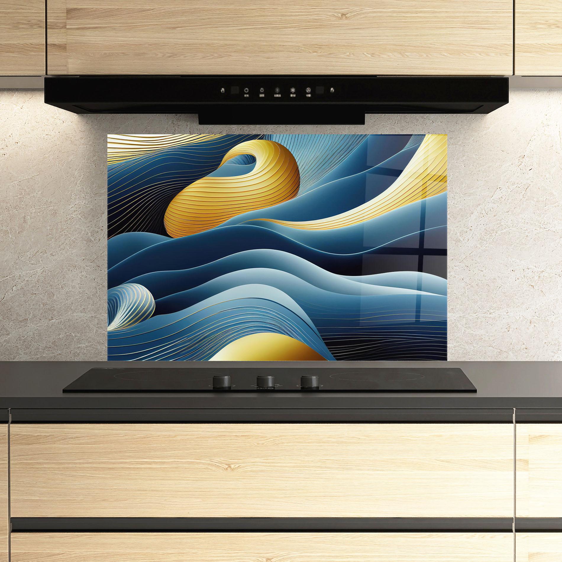 Konyhai üveg hátfal Blue And Gold Wavy Curves mockup 3