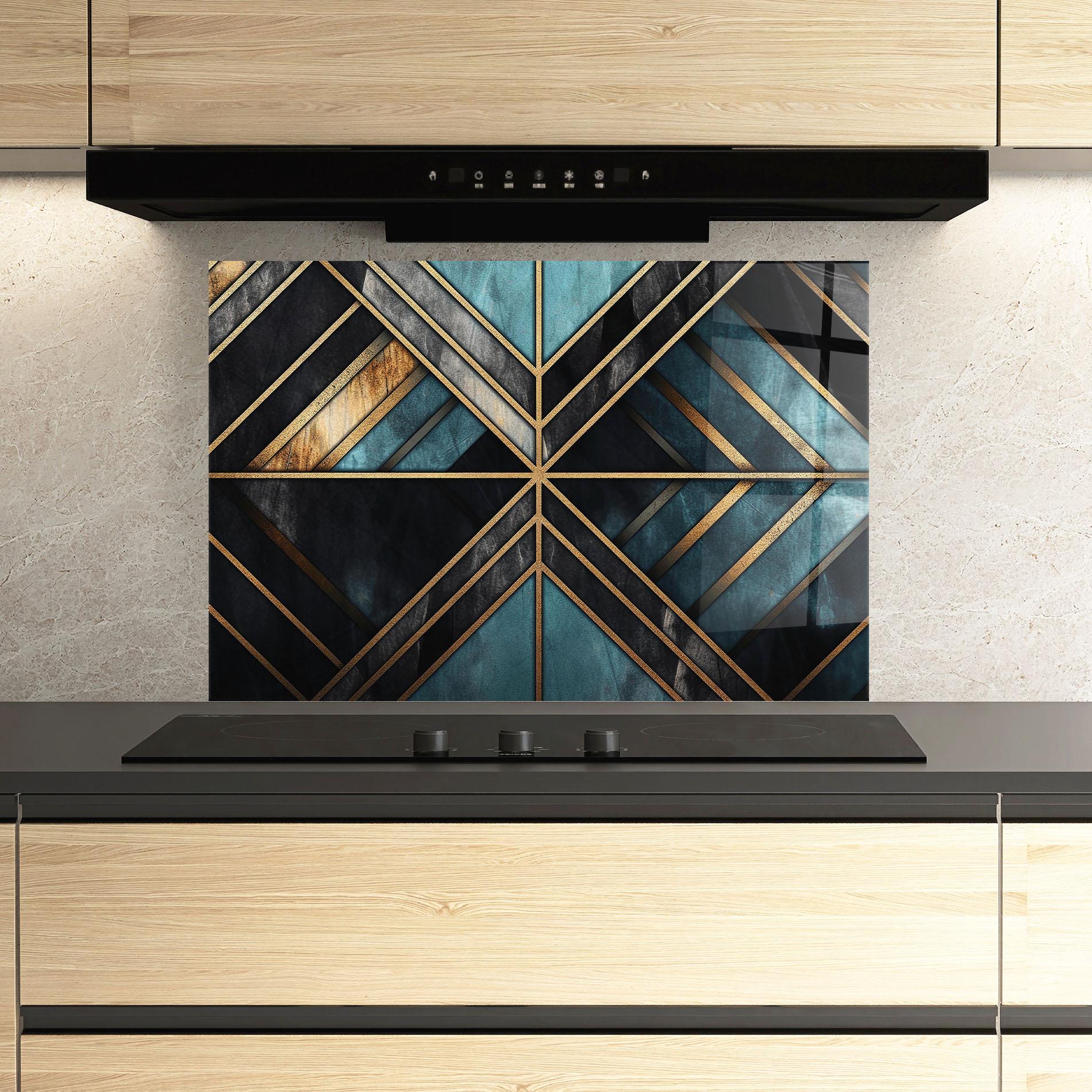 Konyhai üveg hátfal Gold Lines On Blue Painting mockup 3