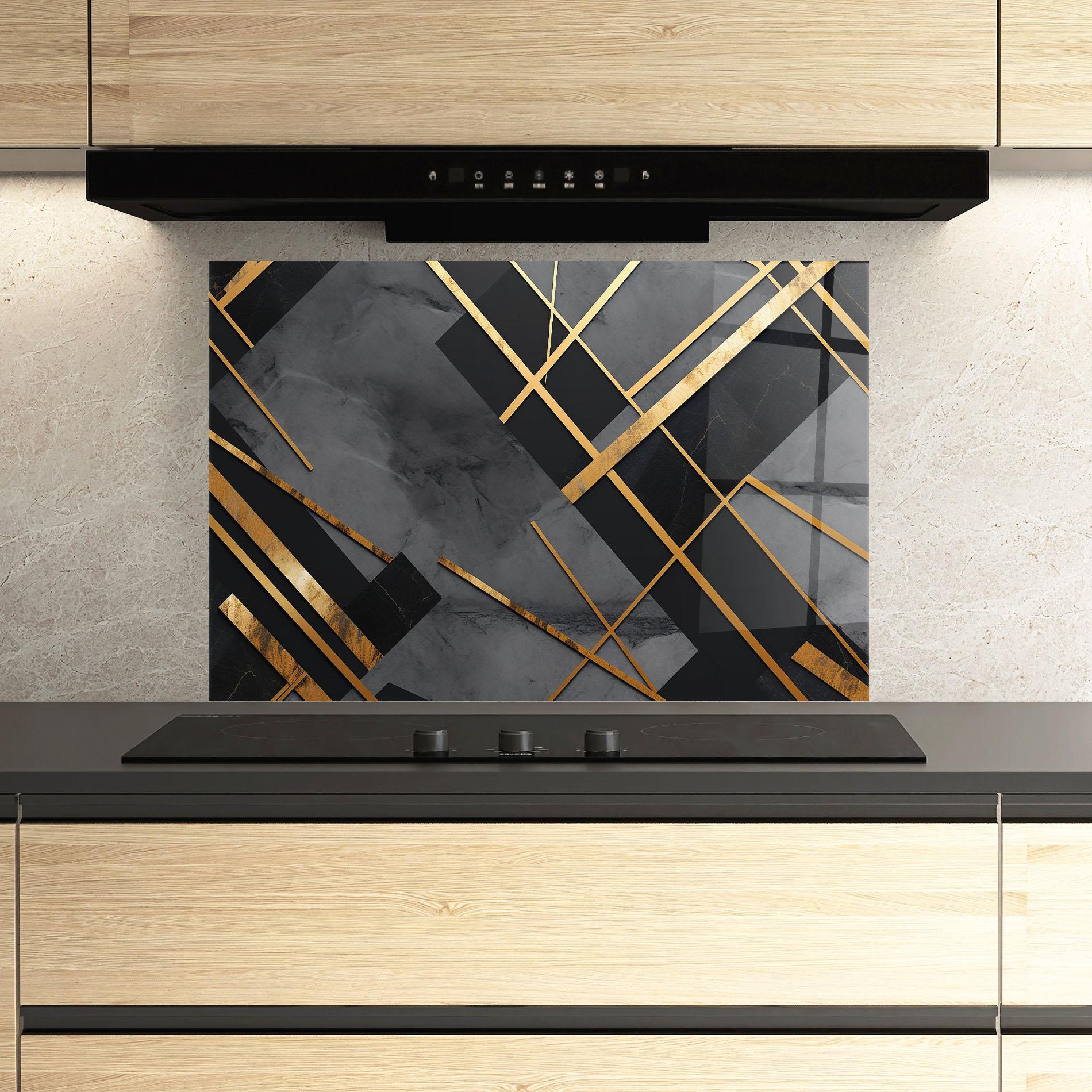 Konyhai üveg hátfal Grey Painting With Gold Lines mockup 3