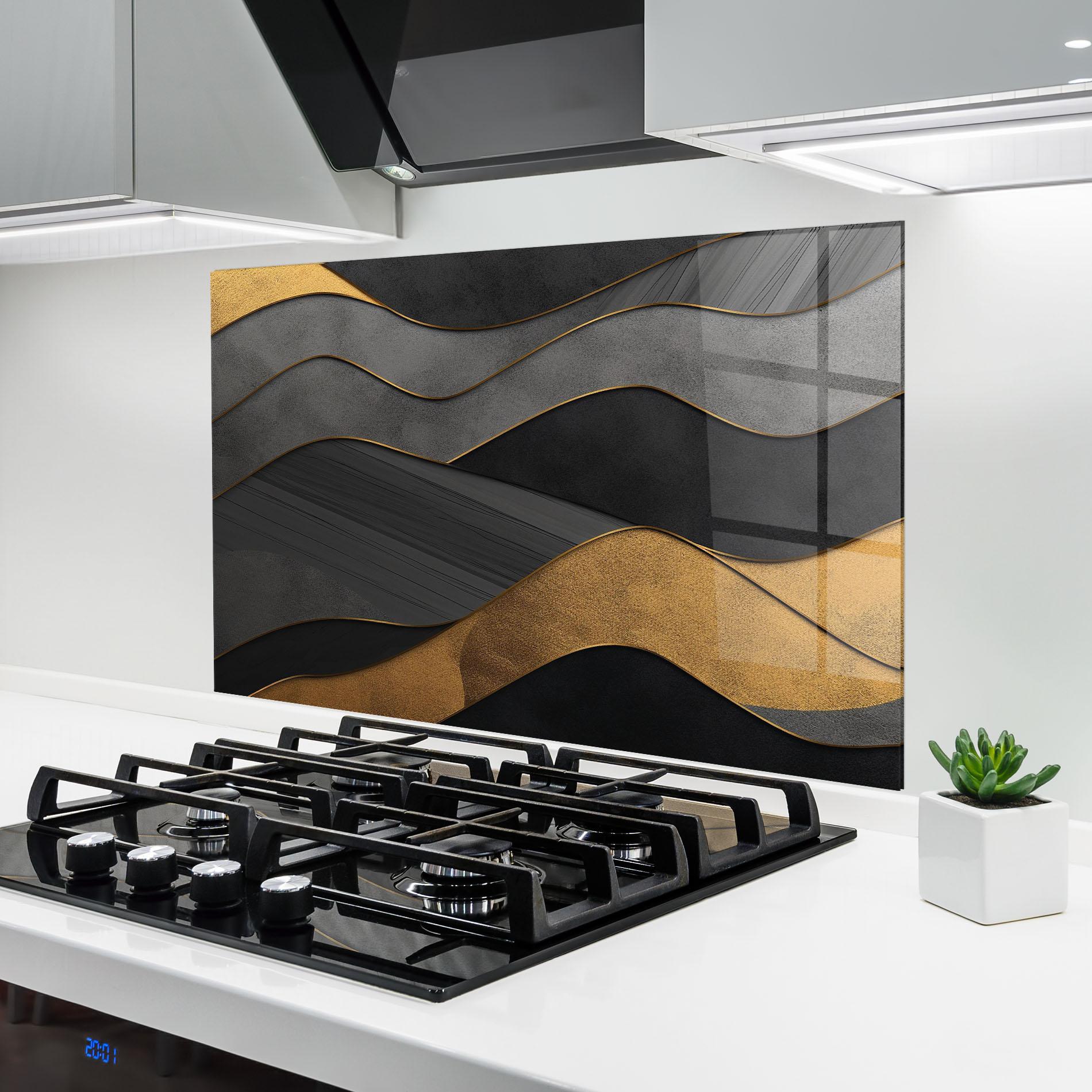 Konyhai üveg hátfal Abstract Gold And Grey Waves mockup 6