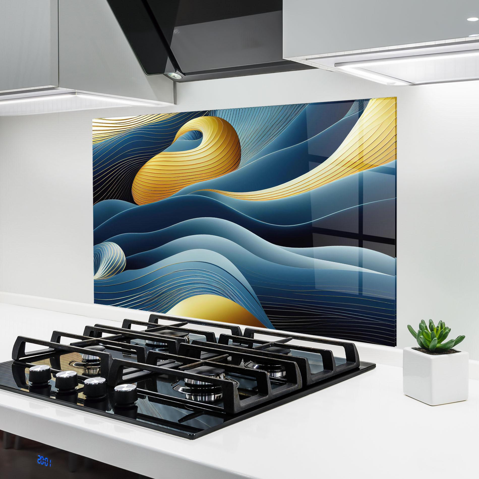 Konyhai üveg hátfal Blue And Gold Wavy Curves mockup 6