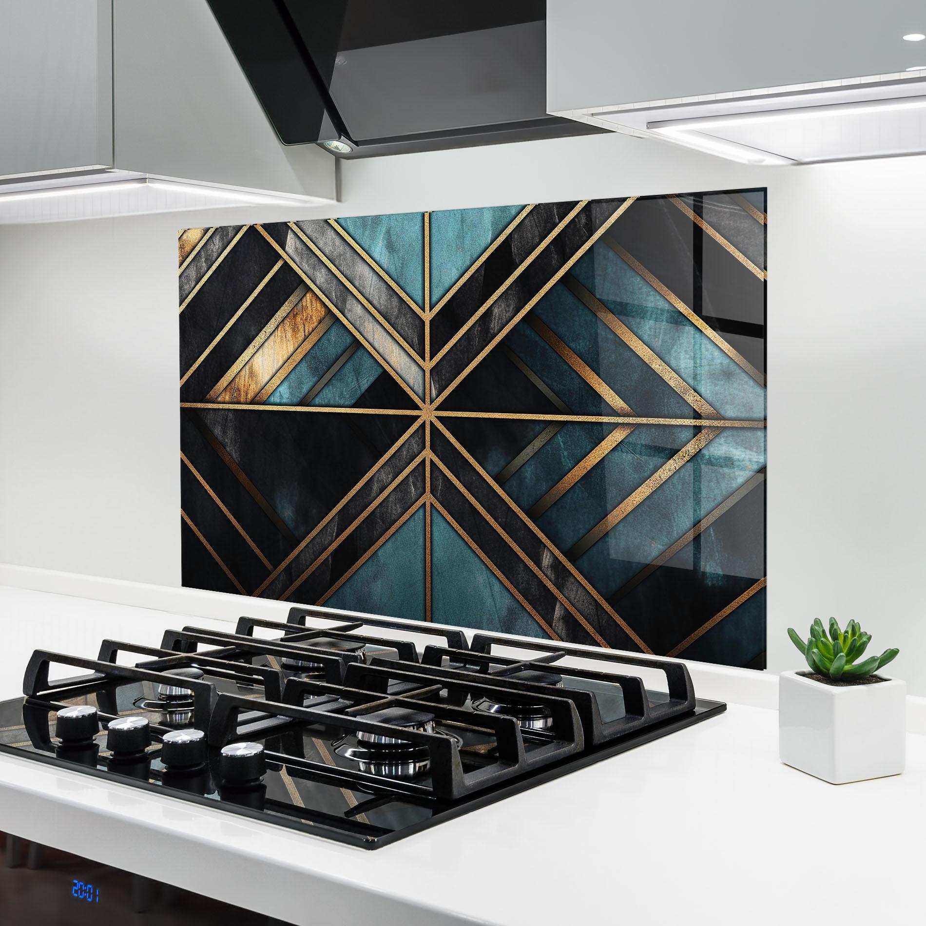 Konyhai üveg hátfal Gold Lines On Blue Painting mockup 6