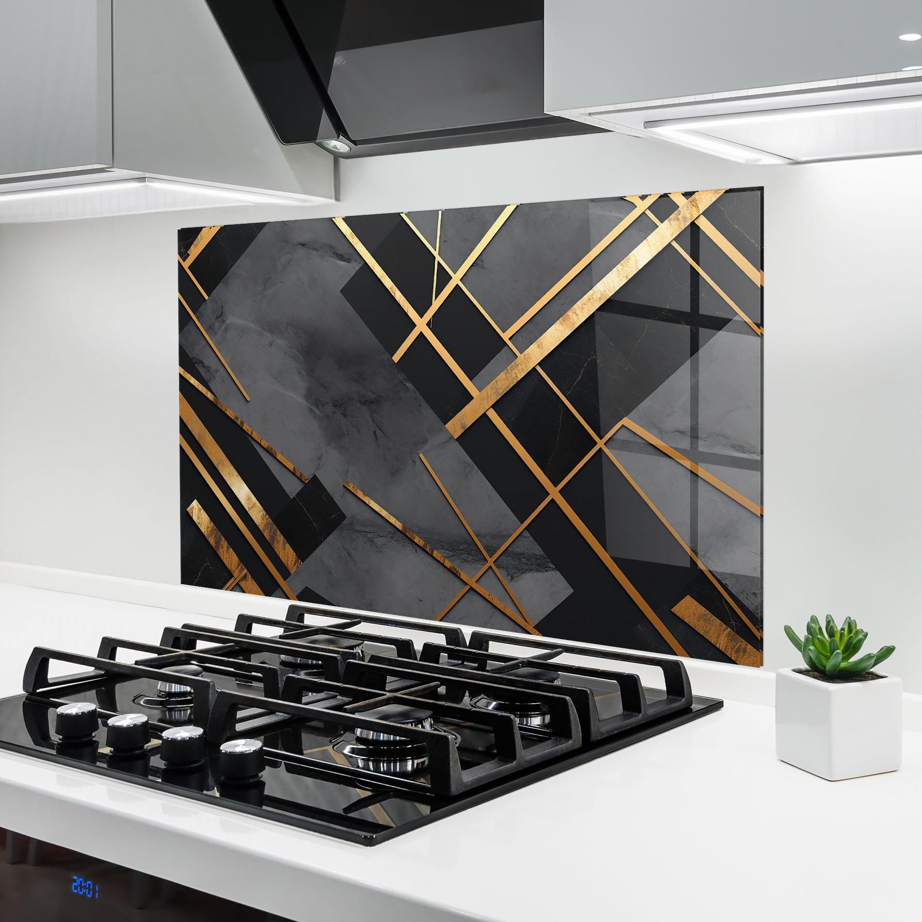 Konyhai üveg hátfal Grey Painting With Gold Lines mockup 6