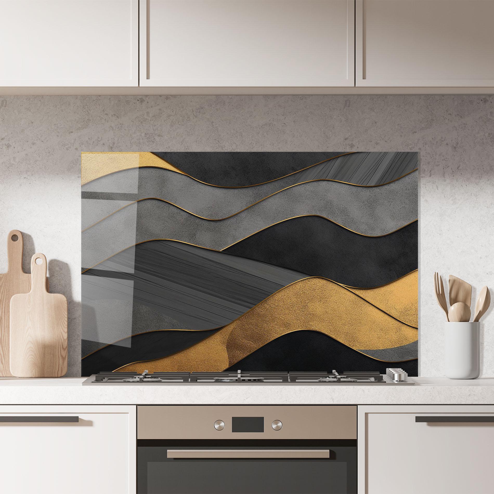 Konyhai üveg hátfal Abstract Gold And Grey Waves mockup 7