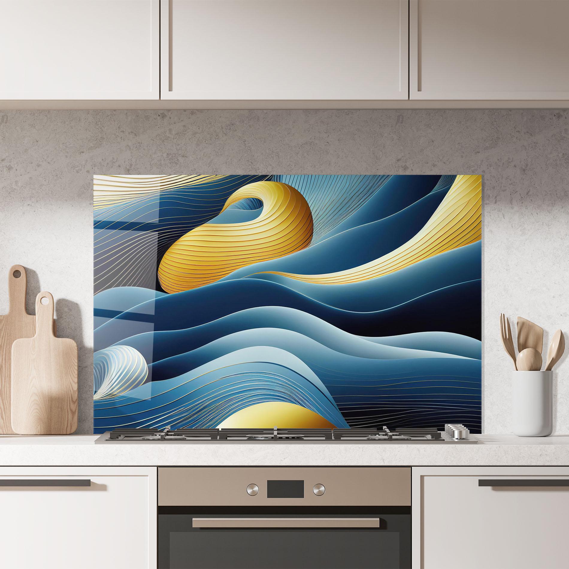 Konyhai üveg hátfal Blue And Gold Wavy Curves mockup 7