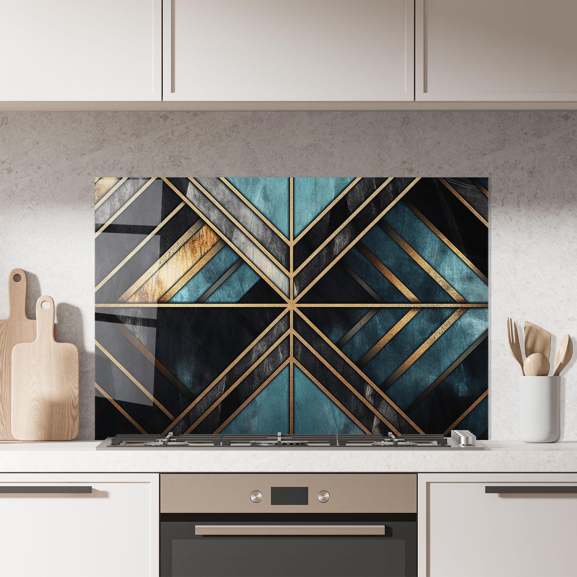 Konyhai üveg hátfal Gold Lines On Blue Painting mockup 7