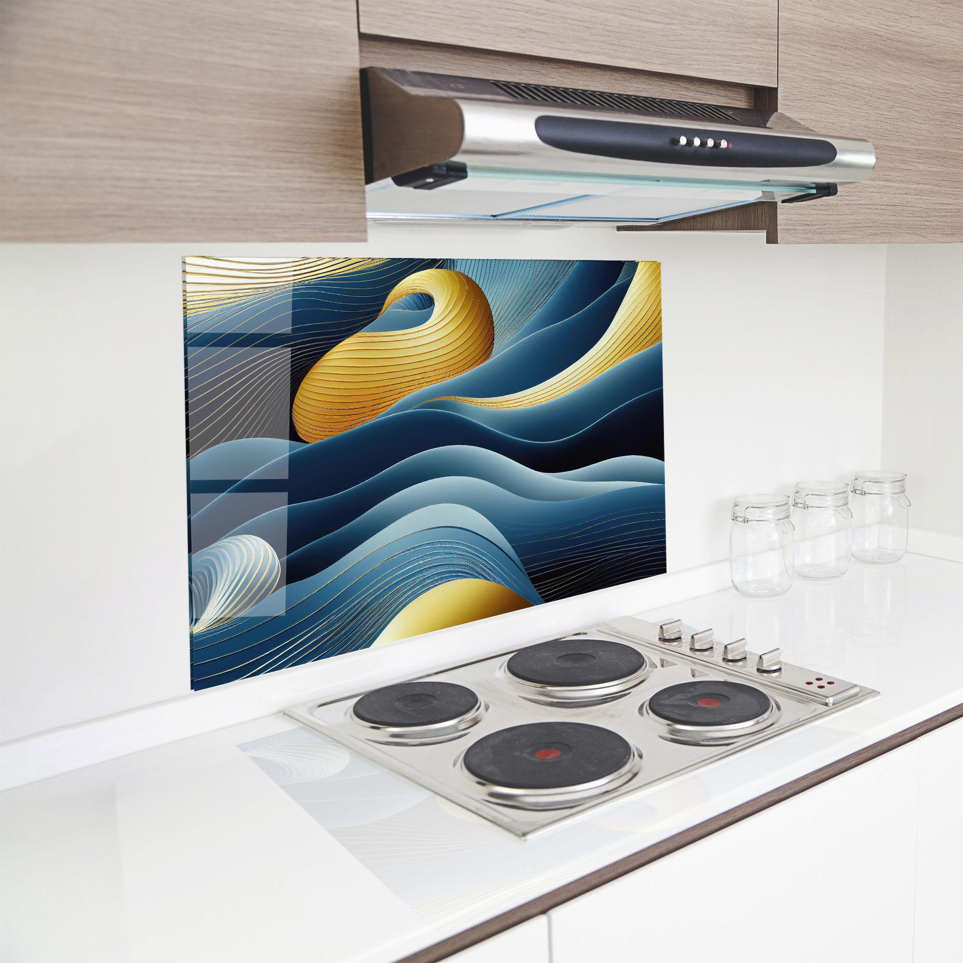 Konyhai üveg hátfal Blue And Gold Wavy Curves mockup 8