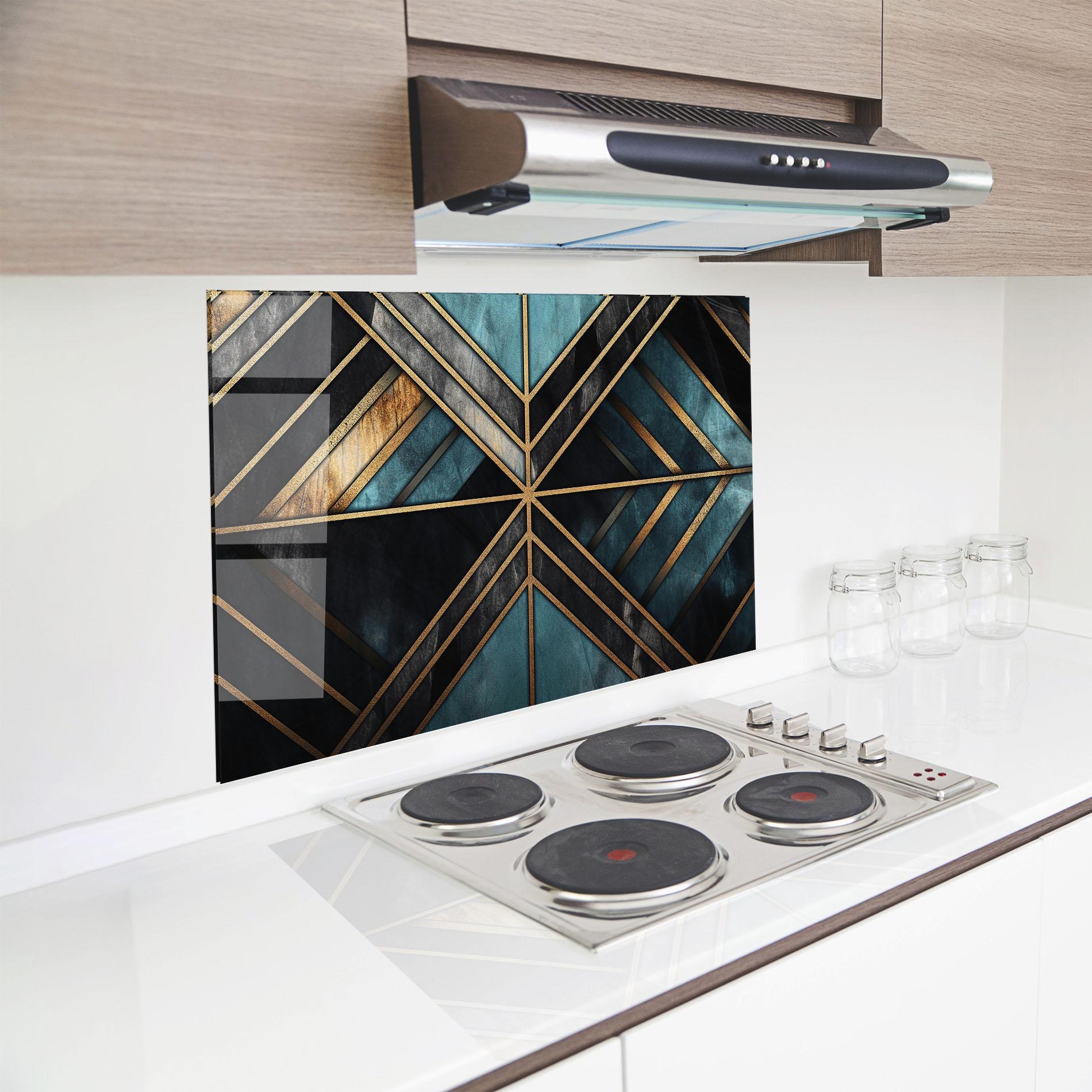 Konyhai üveg hátfal Gold Lines On Blue Painting mockup 8