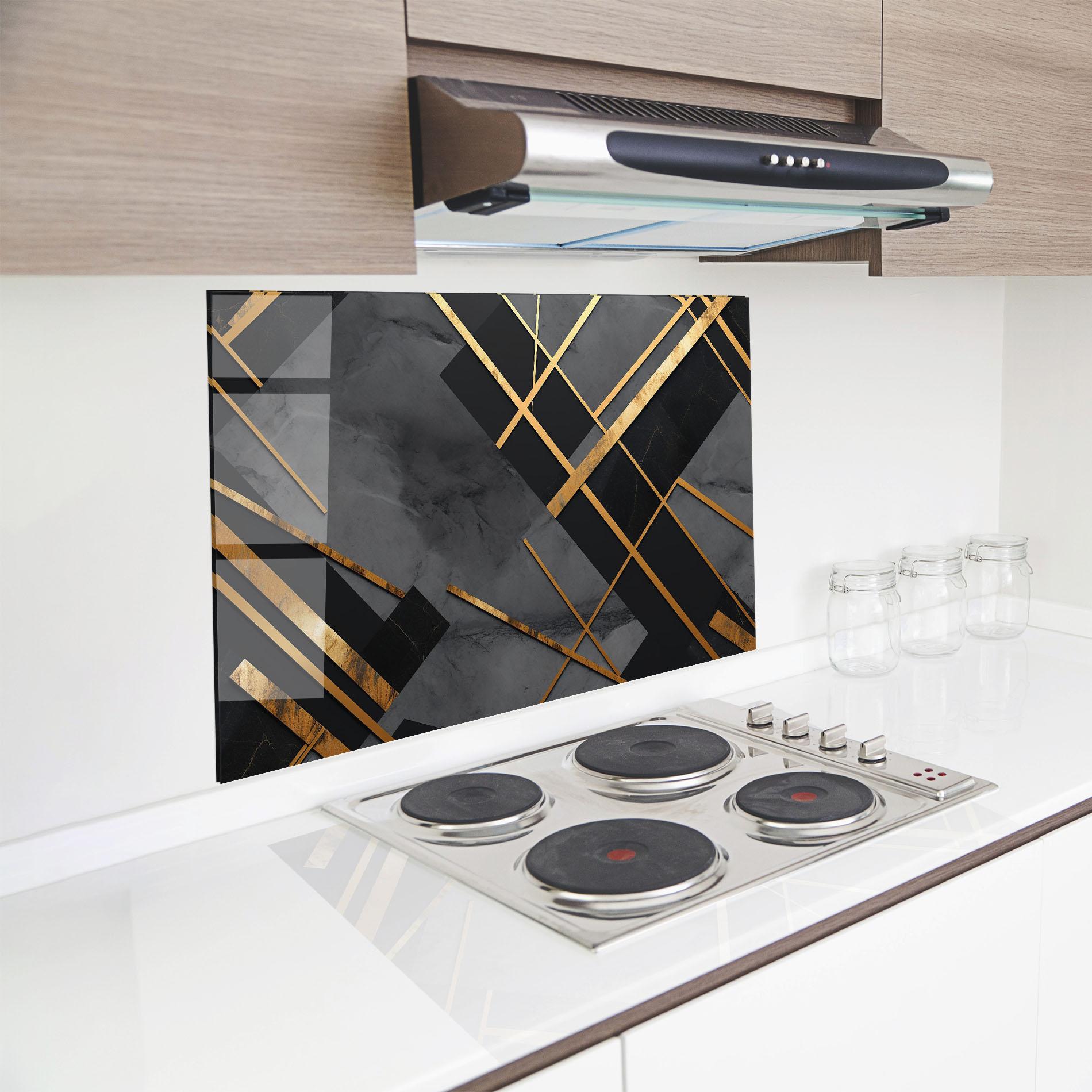 Konyhai üveg hátfal Grey Painting With Gold Lines mockup 8