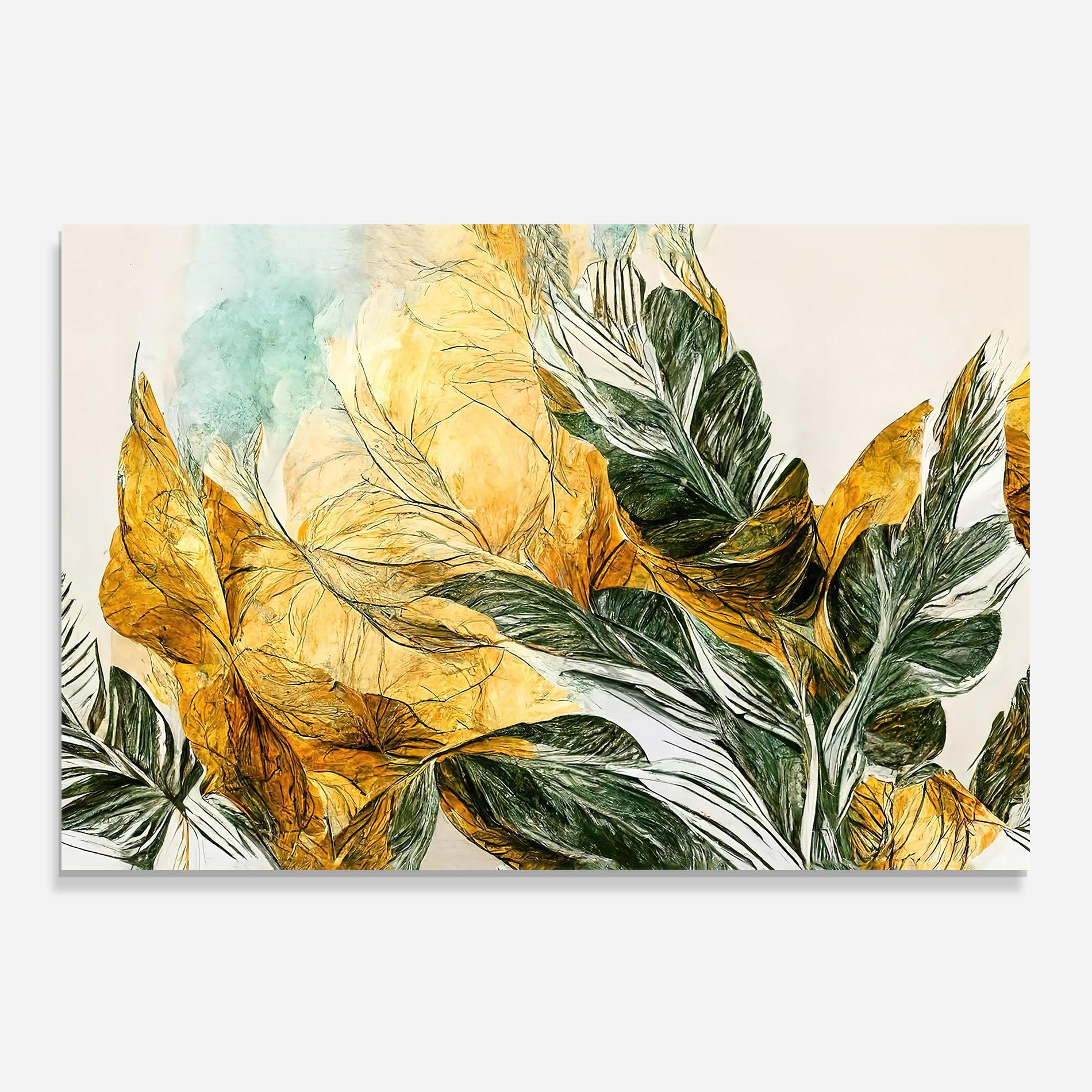 Konyhai üveg hátfal Gold And Green Leafes mockup 0