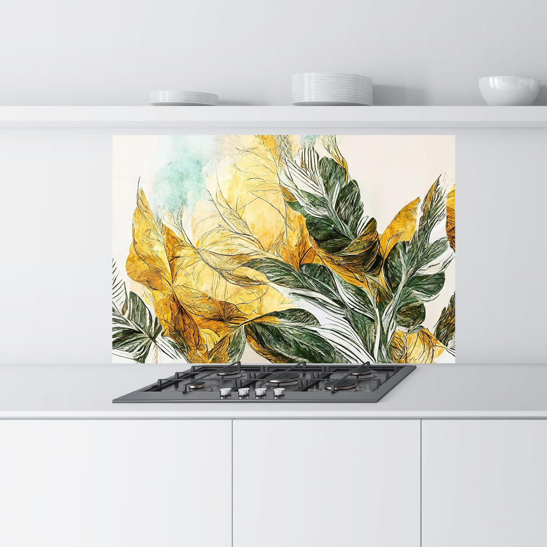 Konyhai üveg hátfal Gold And Green Leafes mockup 9