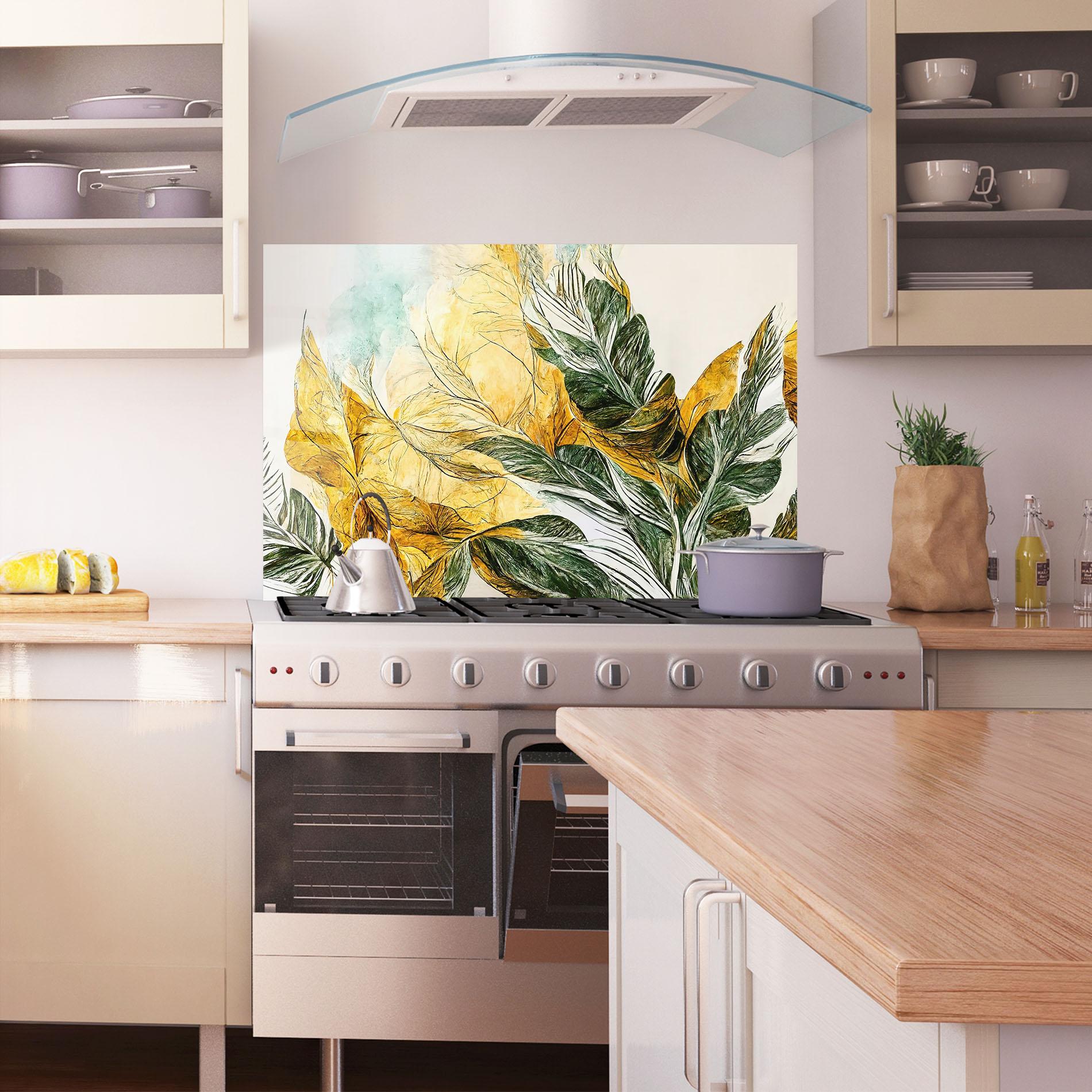 Konyhai üveg hátfal Gold And Green Leafes mockup 1
