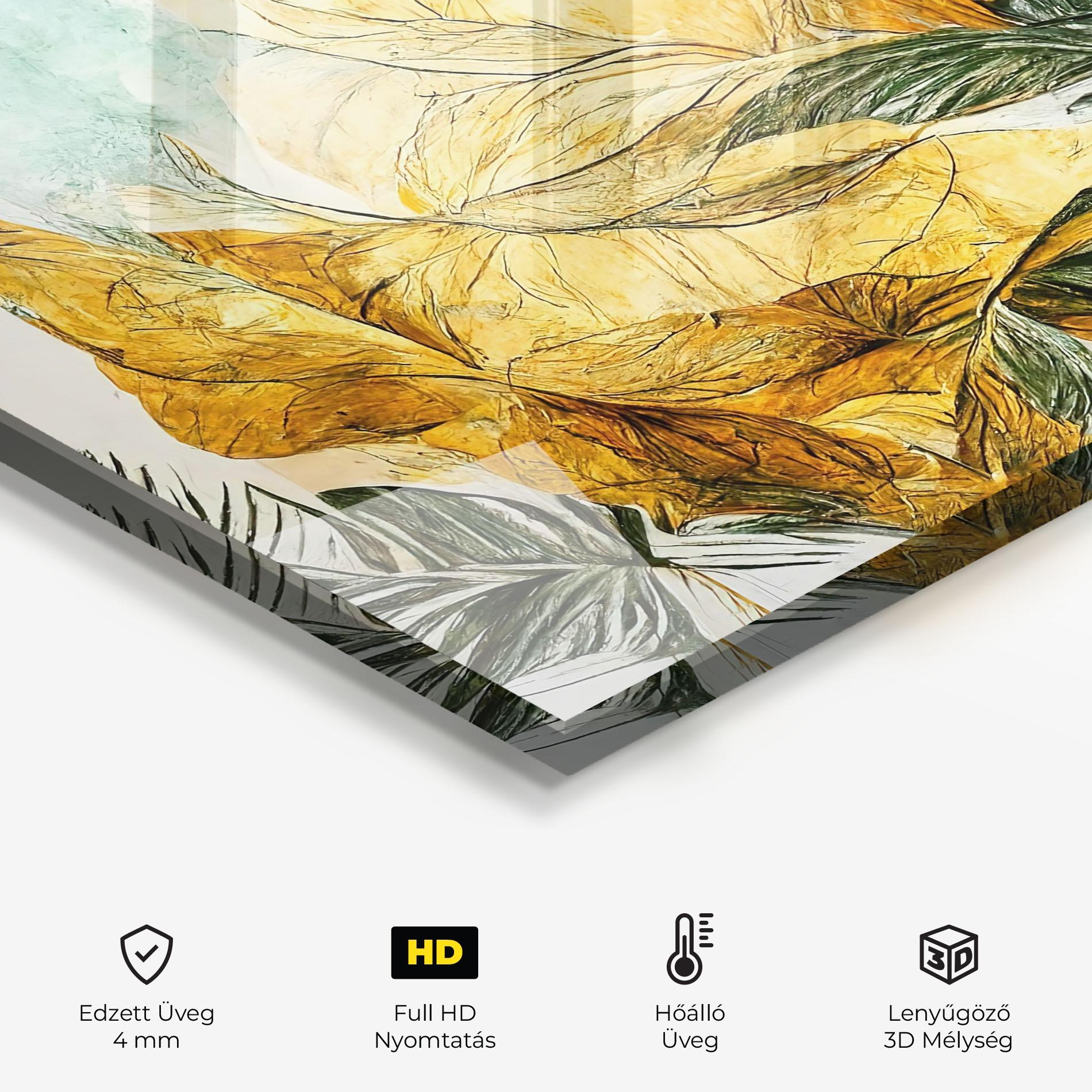 Konyhai üveg hátfal Gold And Green Leafes mockup 2