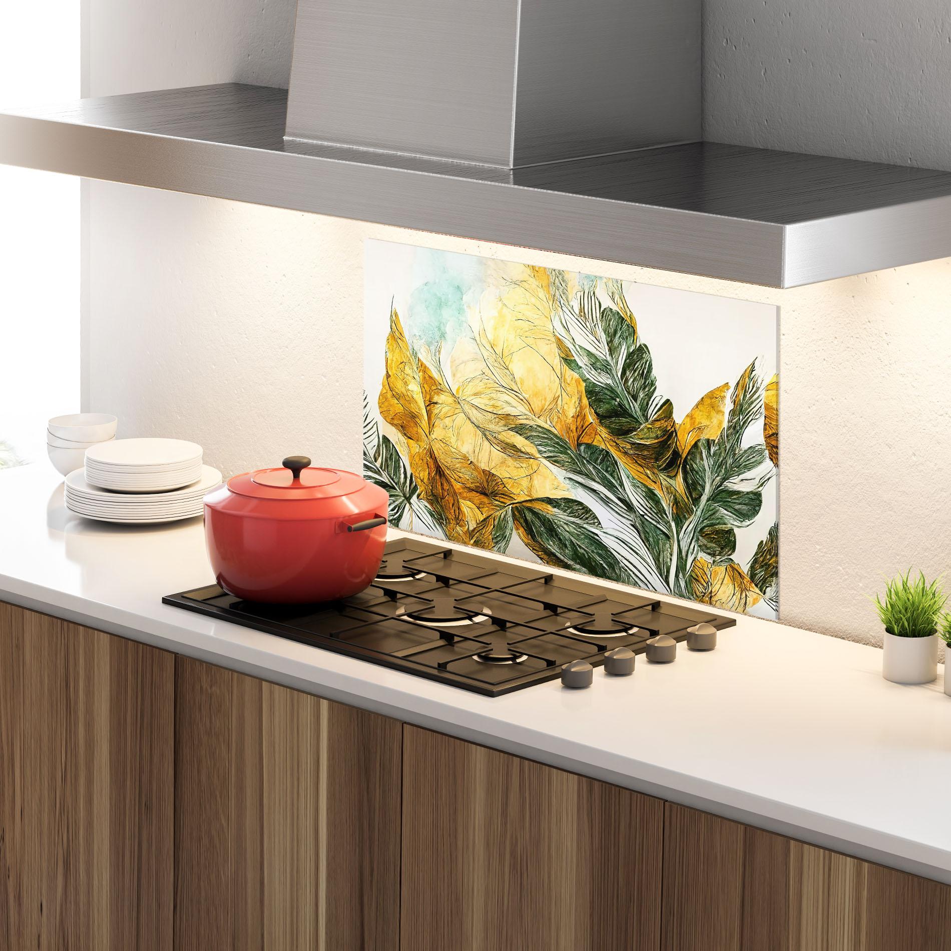 Konyhai üveg hátfal Gold And Green Leafes mockup 4