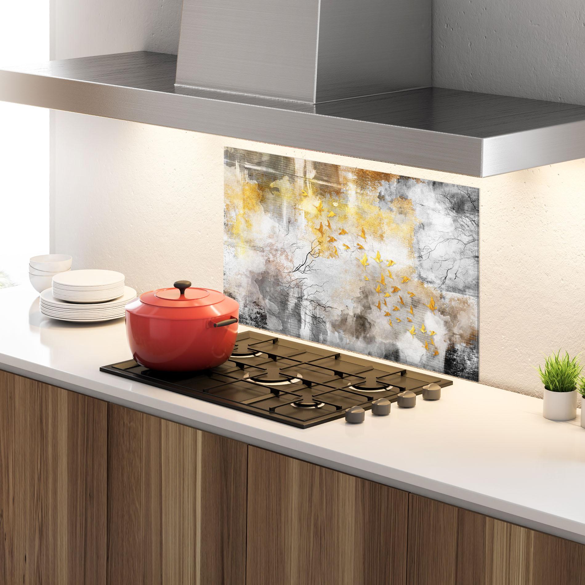 Konyhai üveg hátfal Gold Birds Flying mockup 4