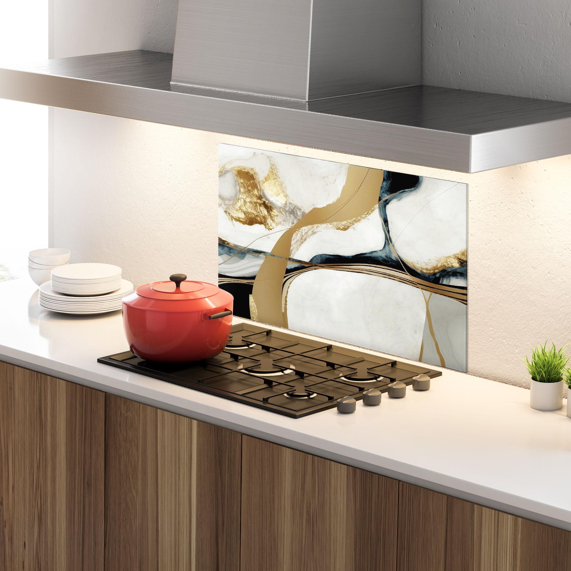 Konyhai üveg hátfal Golden Blue Marble mockup 4