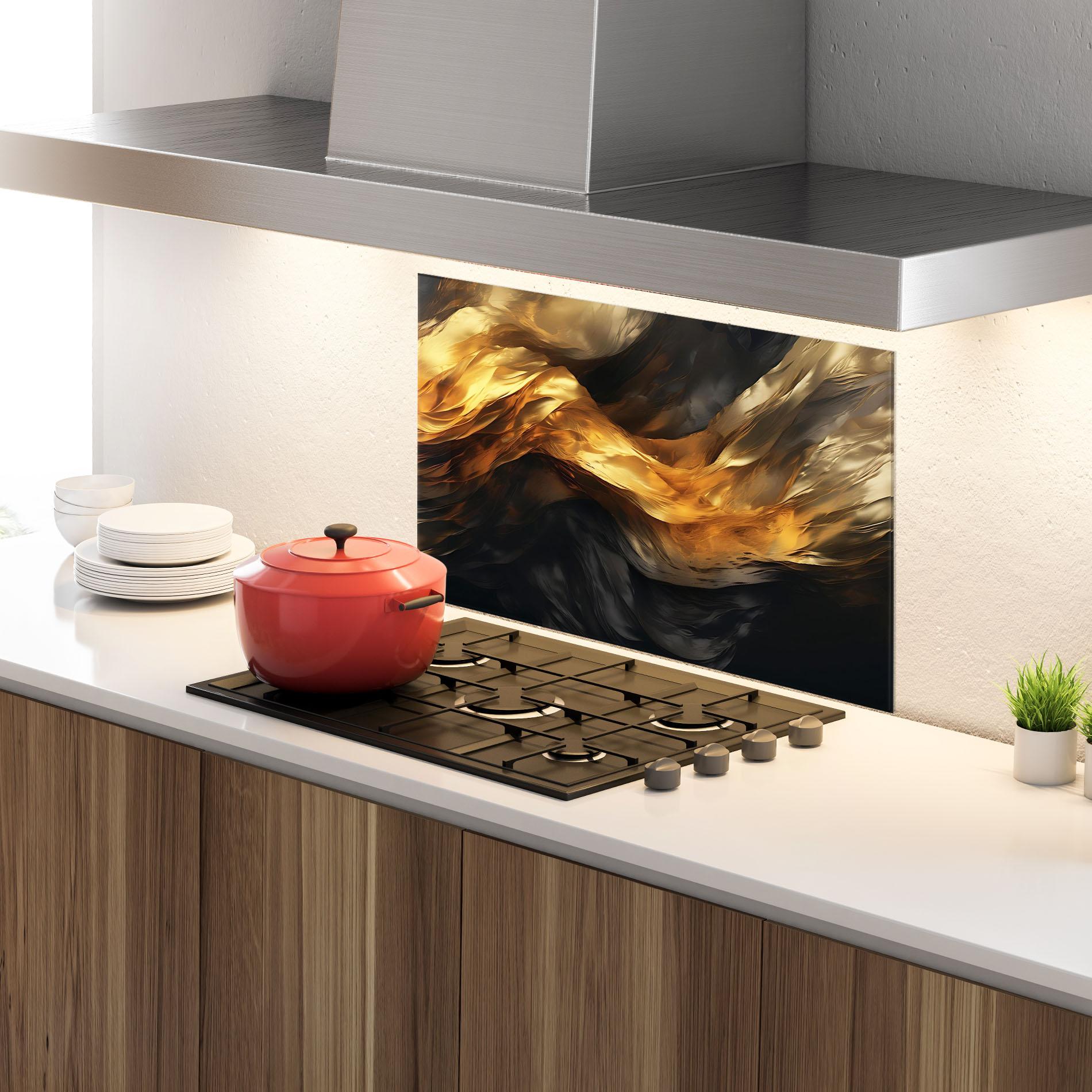 Konyhai üveg hátfal Golden Waves With Black mockup 4
