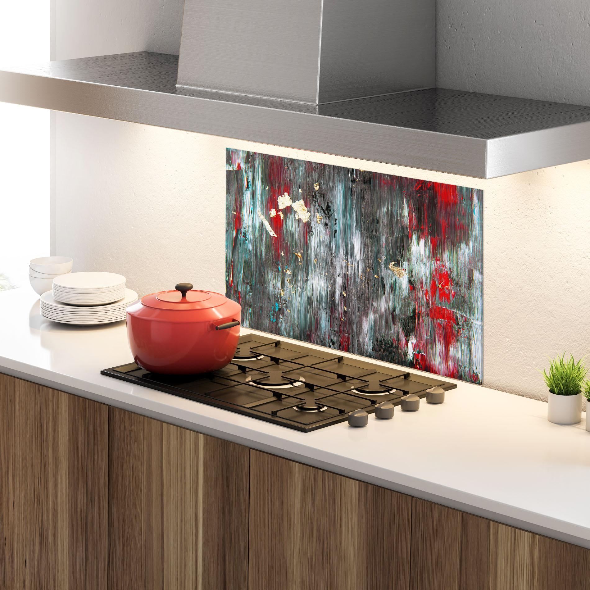 Konyhai üveg hátfal Grey With Red Painting mockup 4