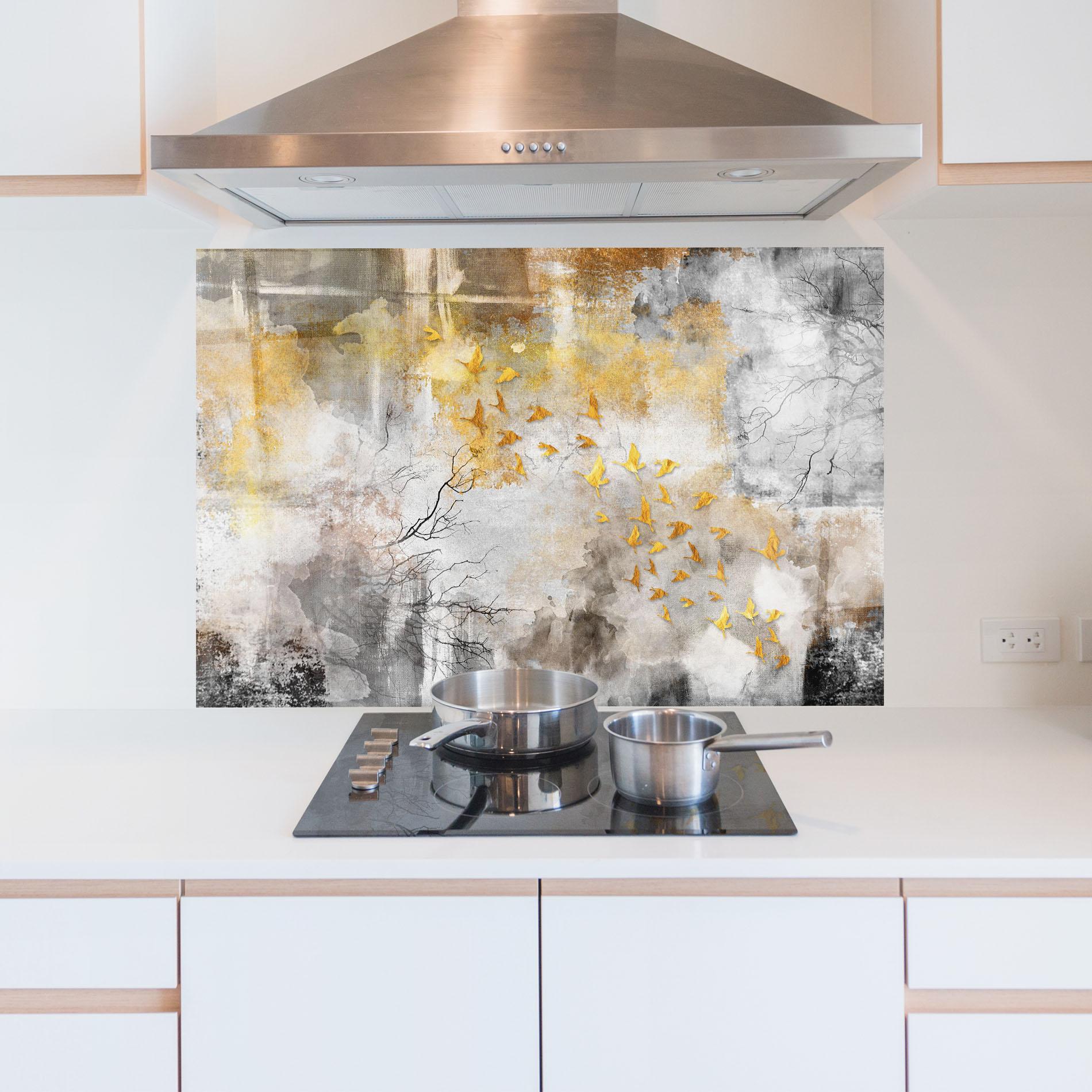 Konyhai üveg hátfal Gold Birds Flying mockup 5