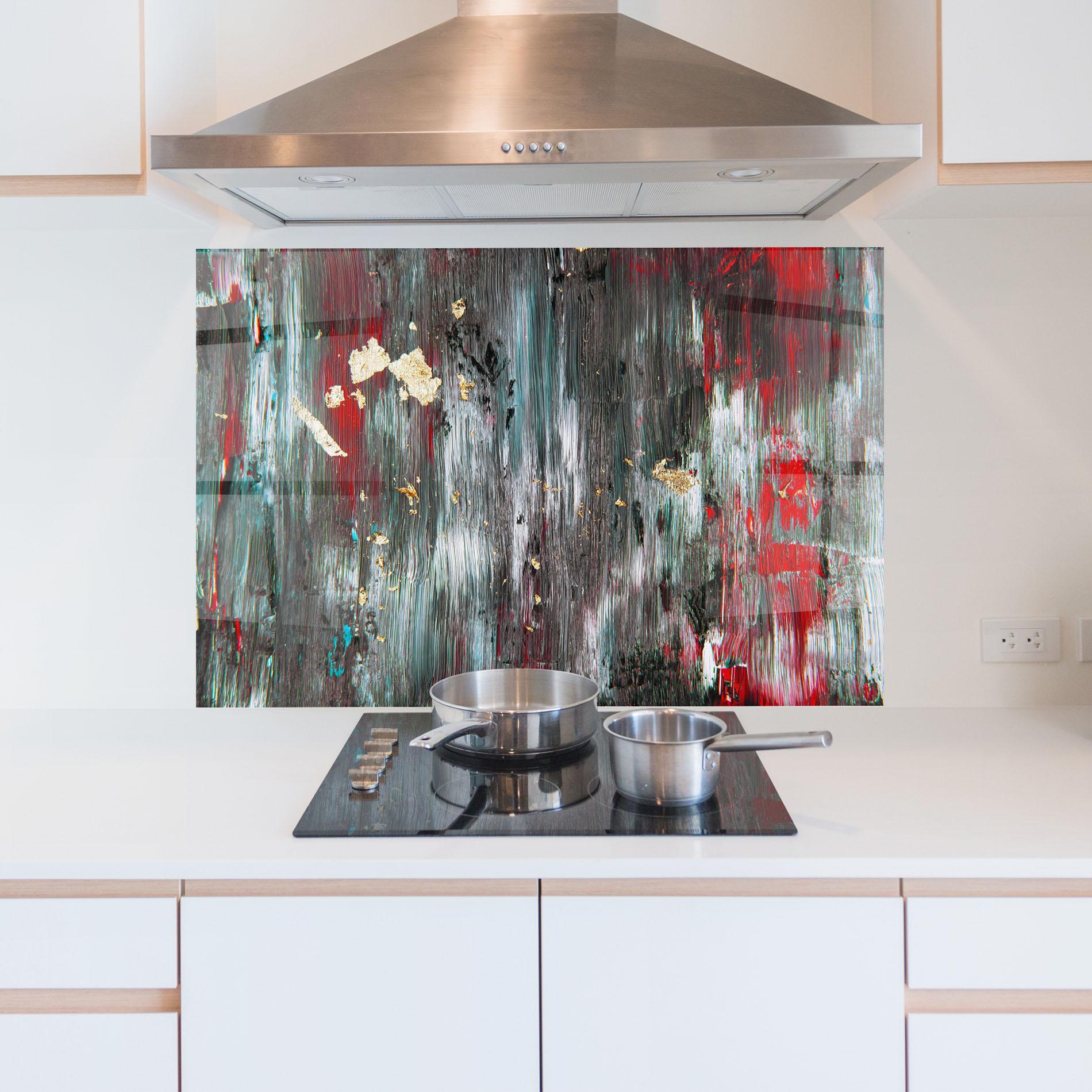 Konyhai üveg hátfal Grey With Red Painting mockup 5