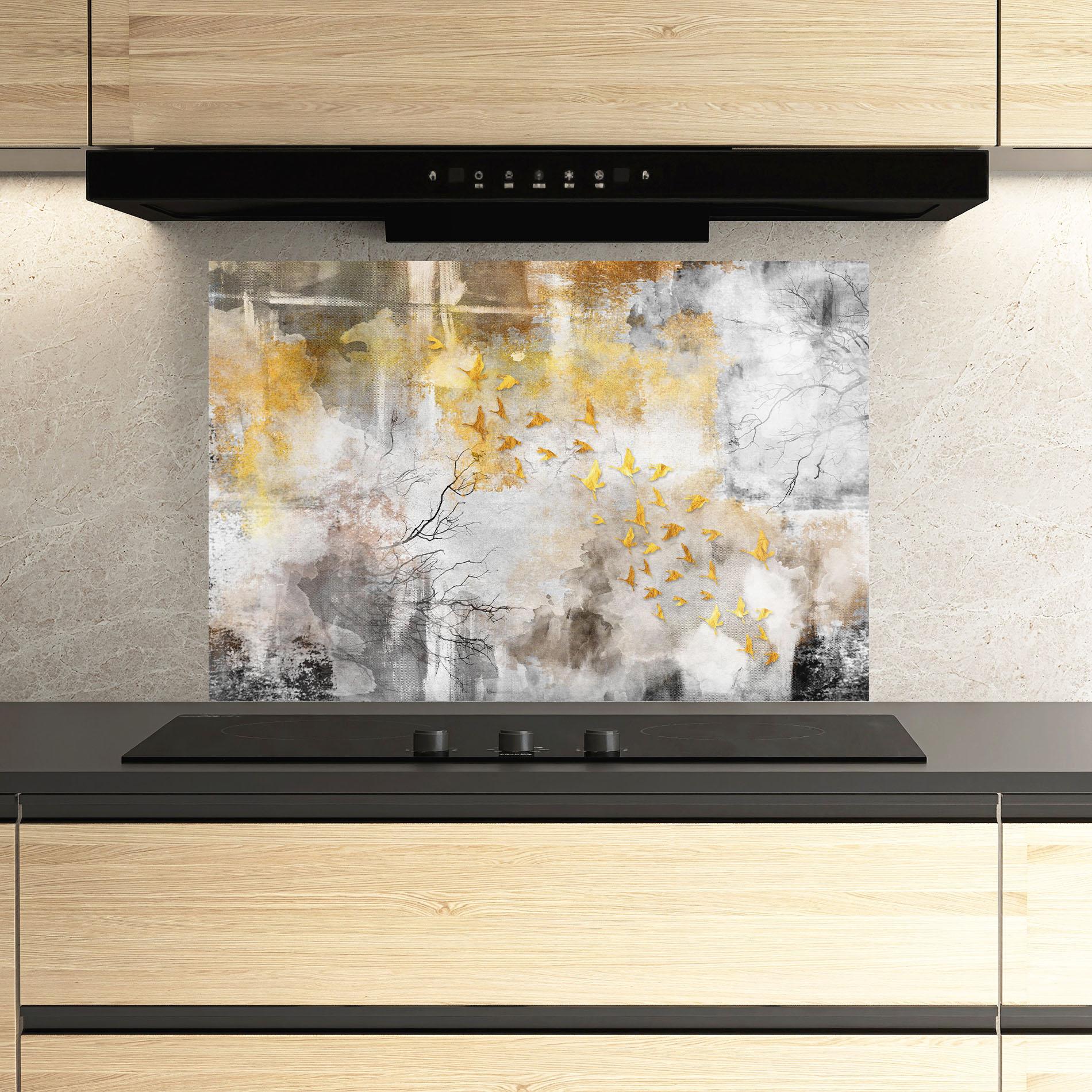 Konyhai üveg hátfal Gold Birds Flying mockup 3