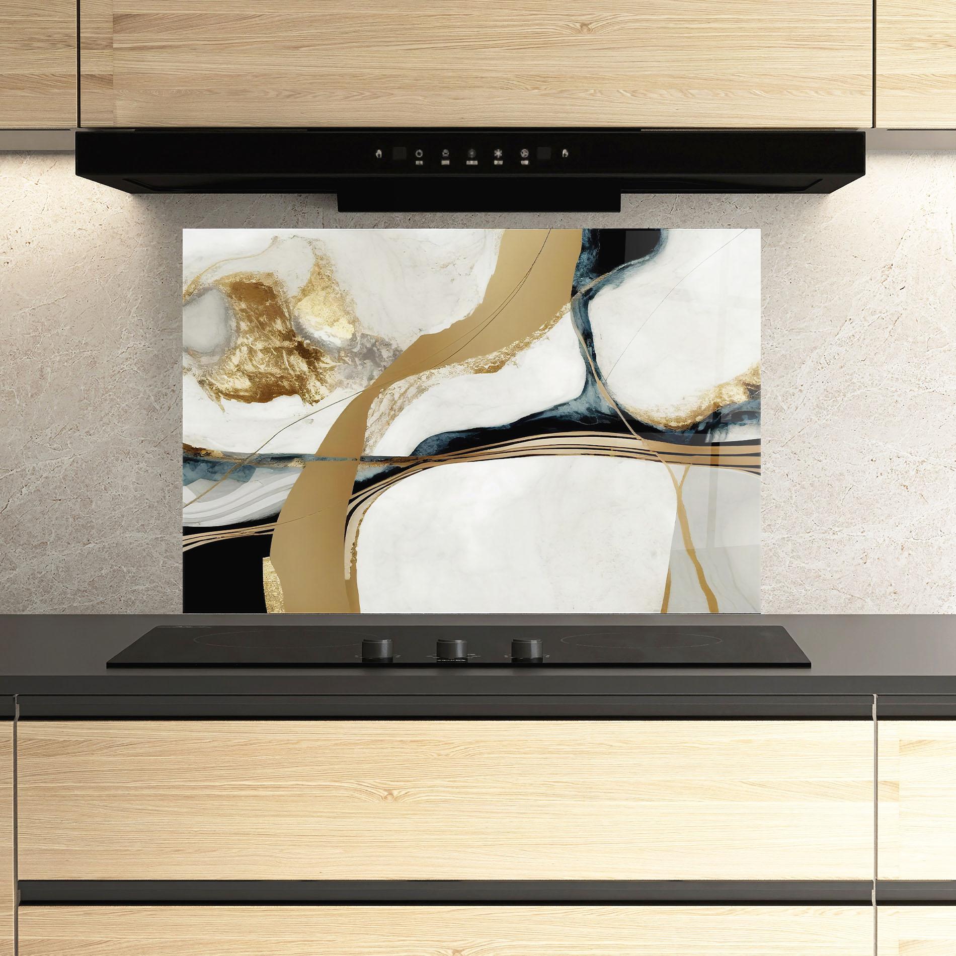 Konyhai üveg hátfal Golden Blue Marble mockup 3