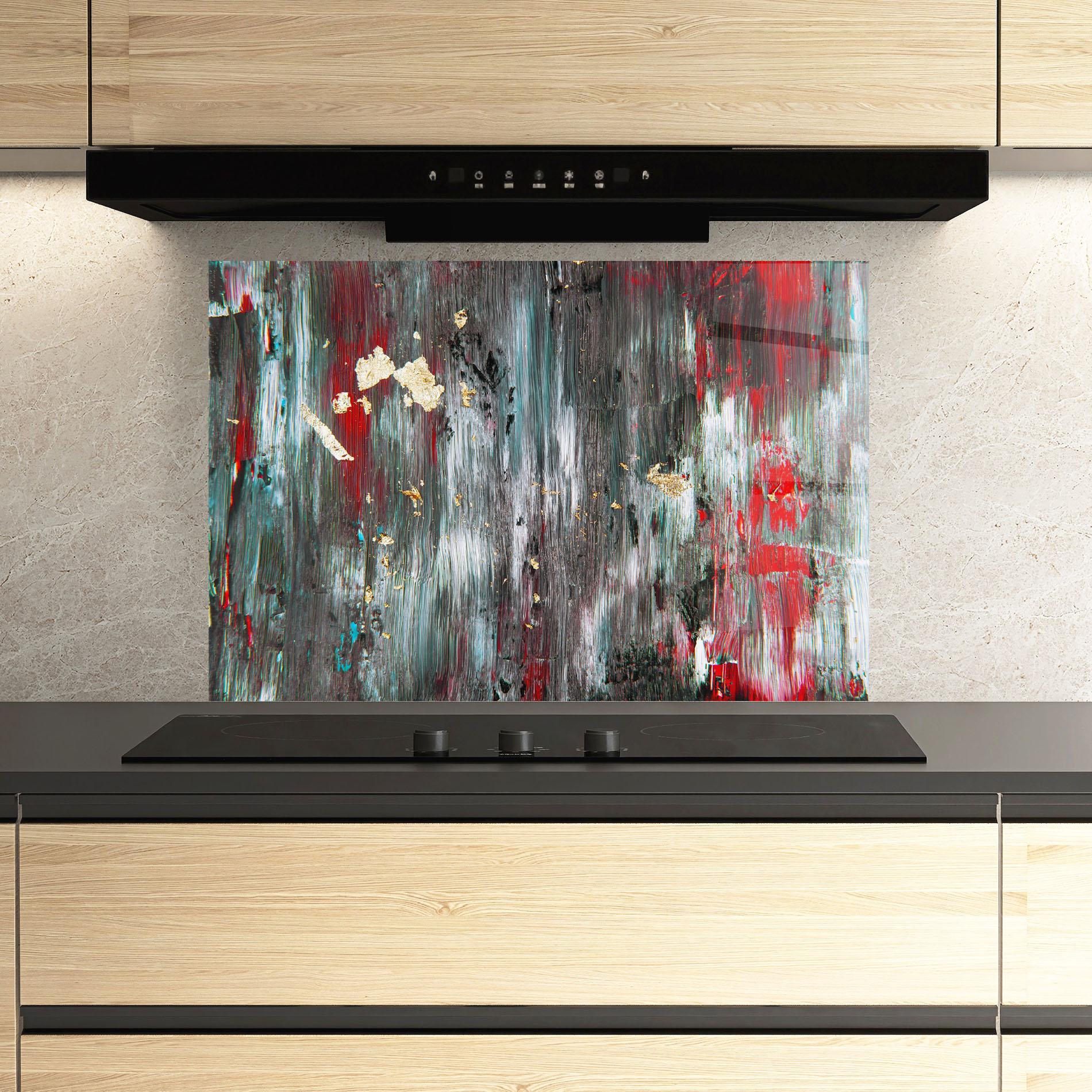 Konyhai üveg hátfal Grey With Red Painting mockup 3