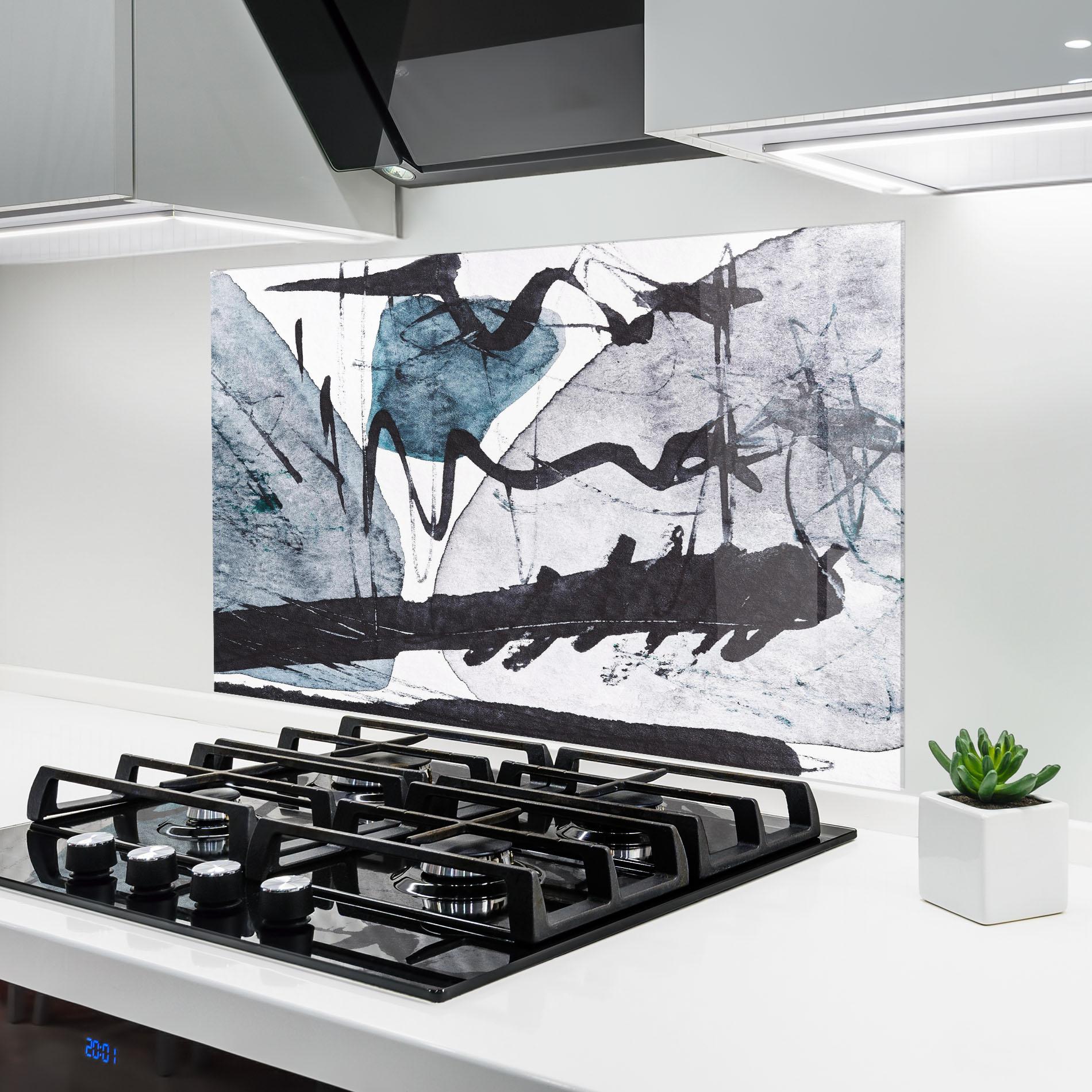 Konyhai üveg hátfal Black Grey Lines mockup 6