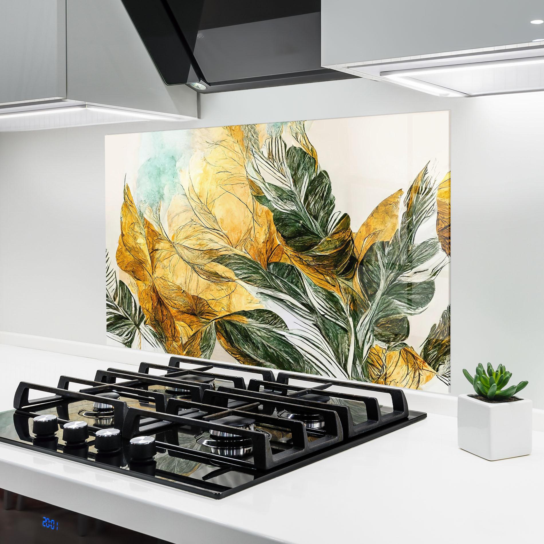 Konyhai üveg hátfal Gold And Green Leafes mockup 6
