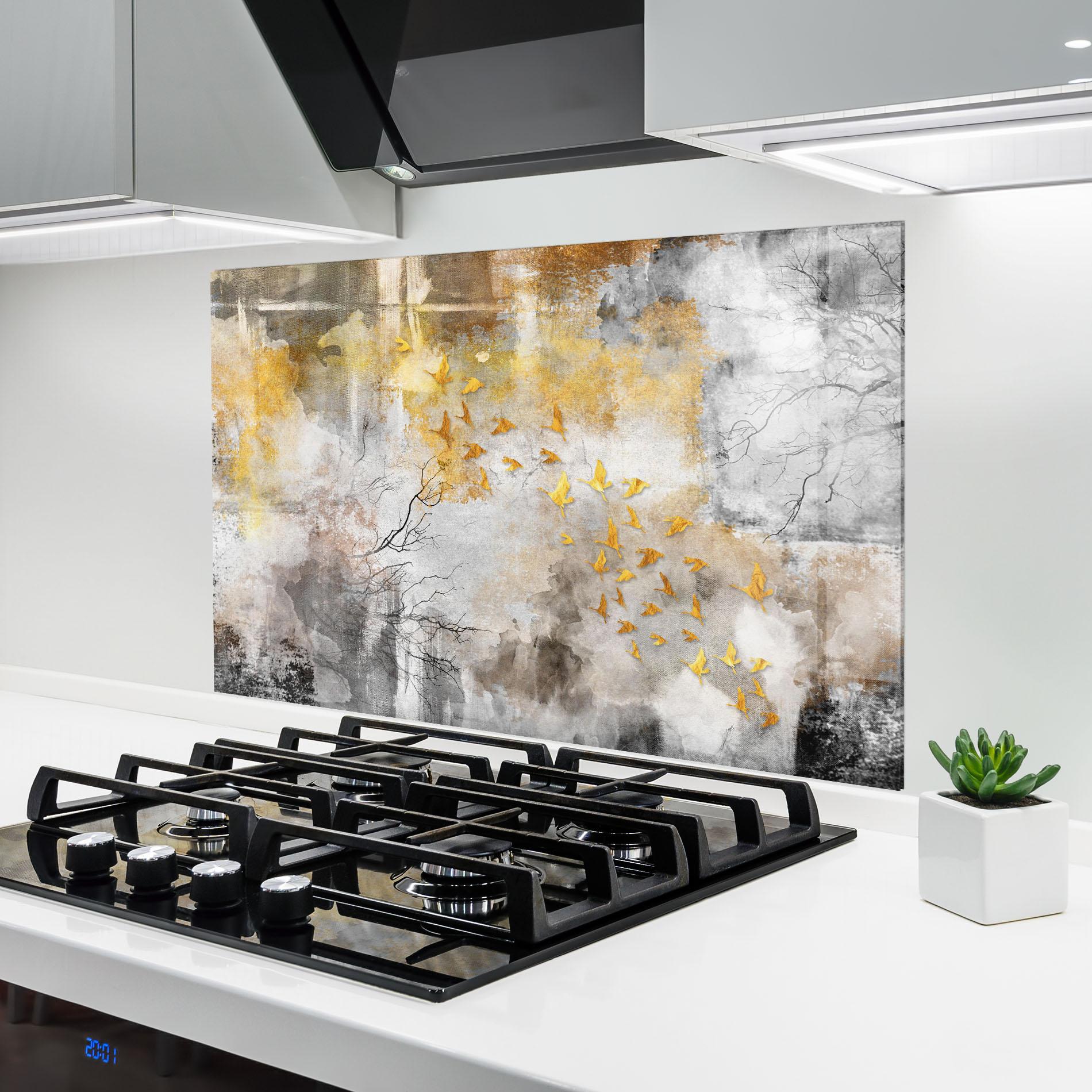 Konyhai üveg hátfal Gold Birds Flying mockup 6