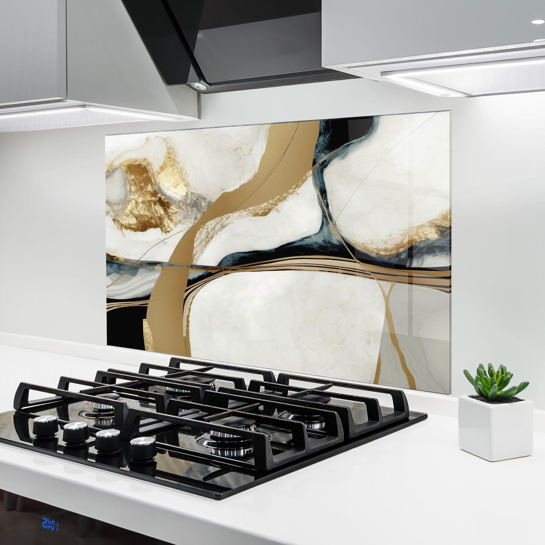 Konyhai üveg hátfal Golden Blue Marble mockup 6
