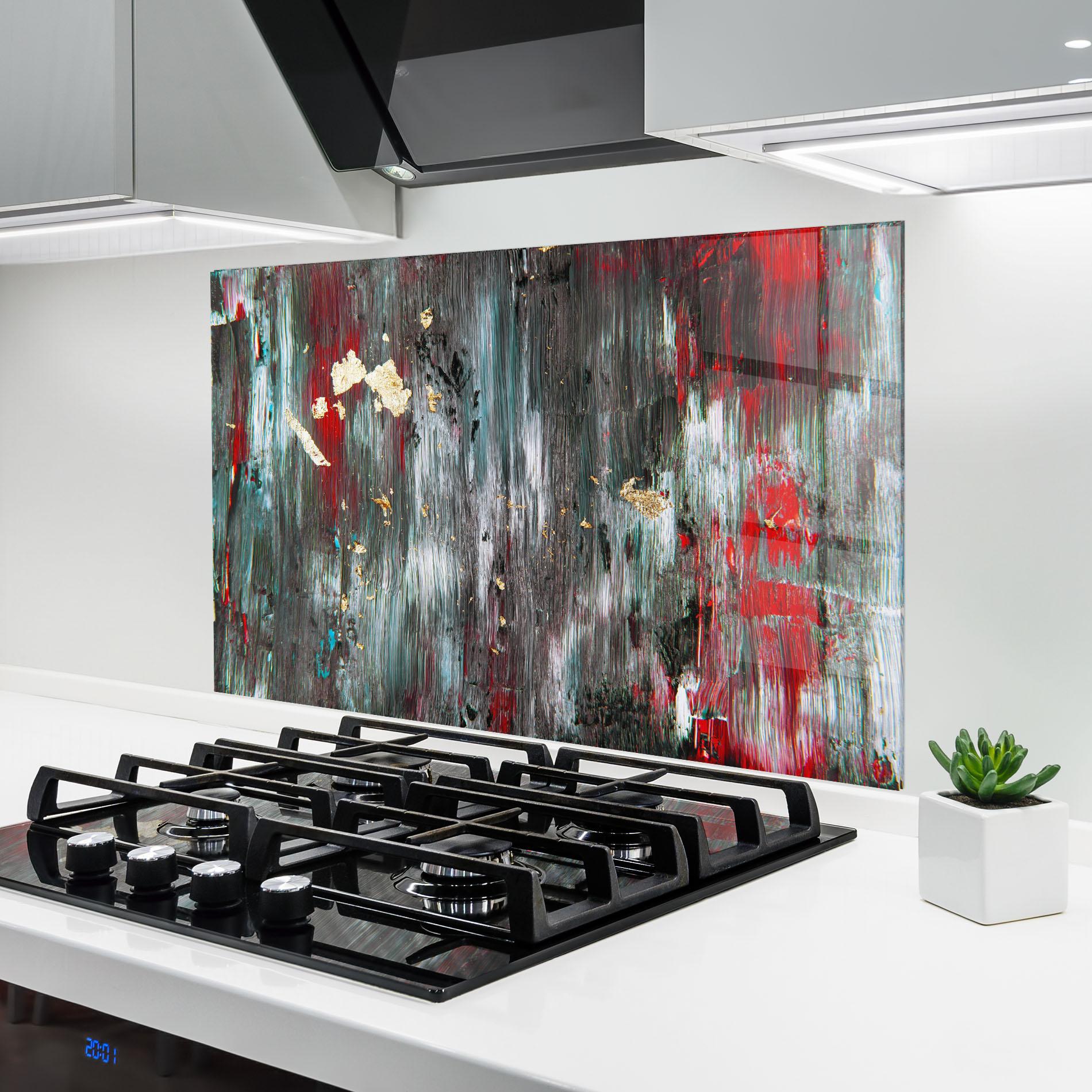 Konyhai üveg hátfal Grey With Red Painting mockup 6
