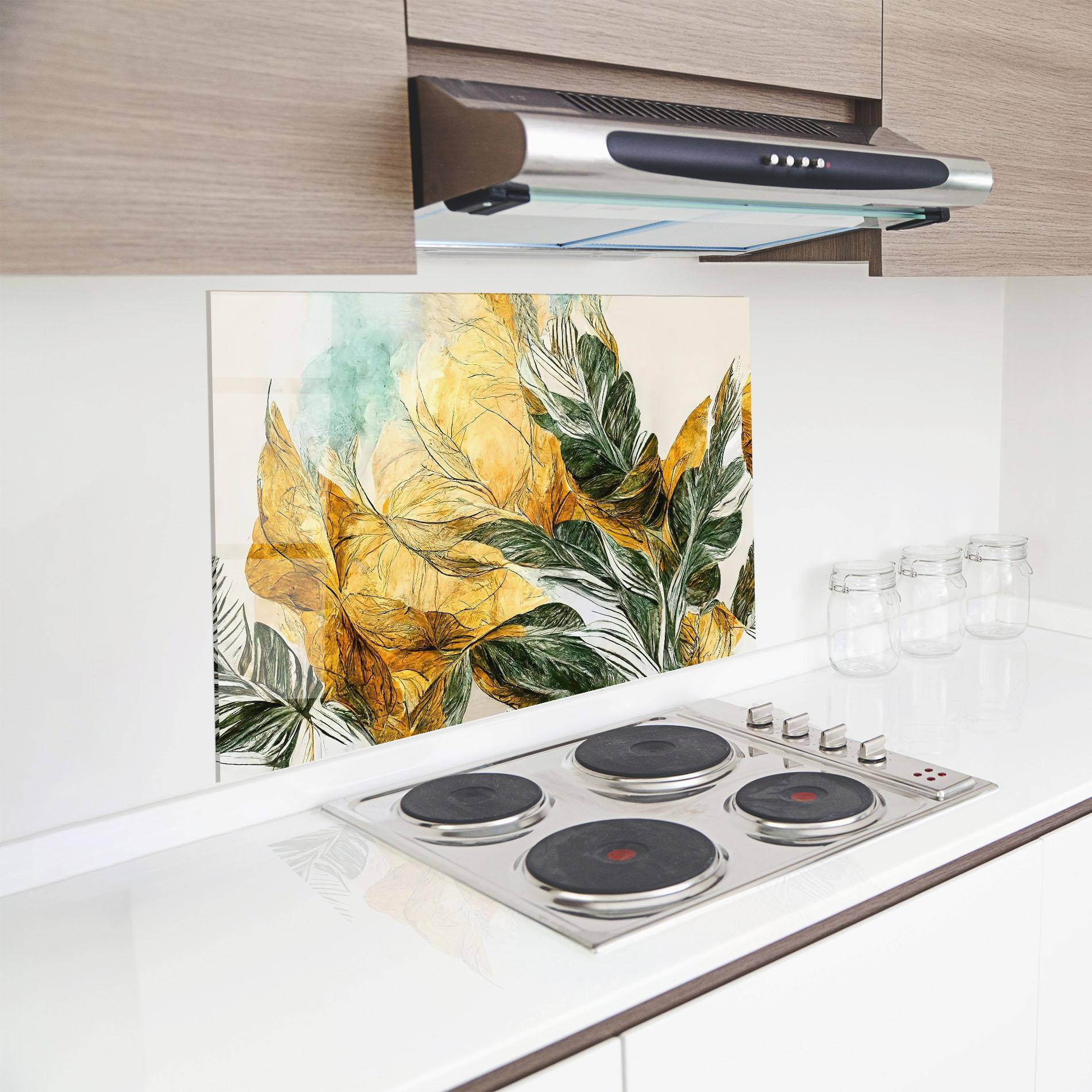Konyhai üveg hátfal Gold And Green Leafes mockup 8
