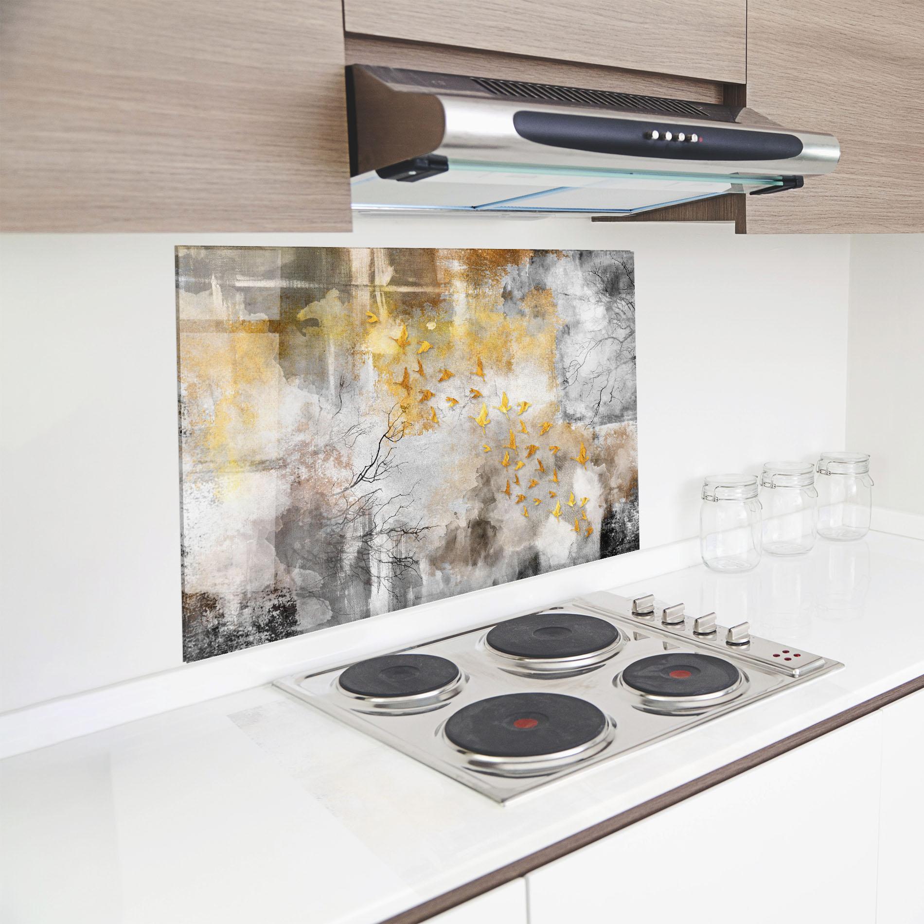 Konyhai üveg hátfal Gold Birds Flying mockup 8